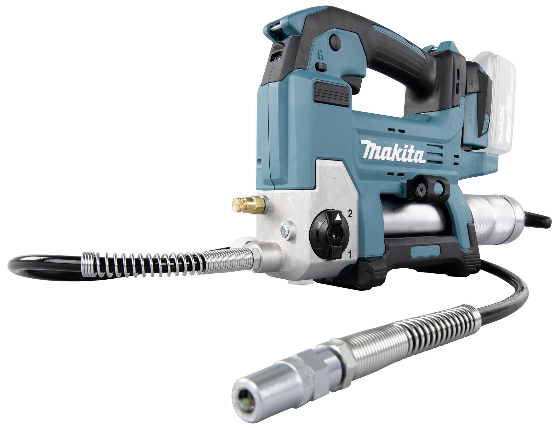 Akkubetriebene Fettpresse mit ergonomischem Griff und flexiblem Schlauch, ideal für die Wartung von Maschinen.