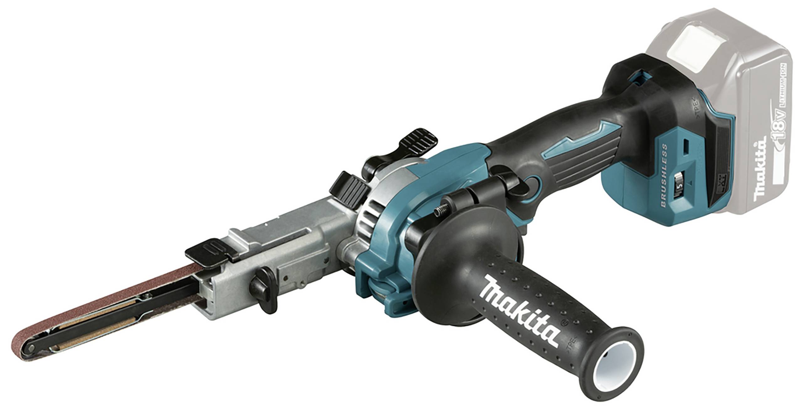 Akkubetriebene Bandschleifmaschine mit ergonomischem Griff, schmalem Schleifband und Einstellmöglichkeiten, geeignet für präzises Schleifen.