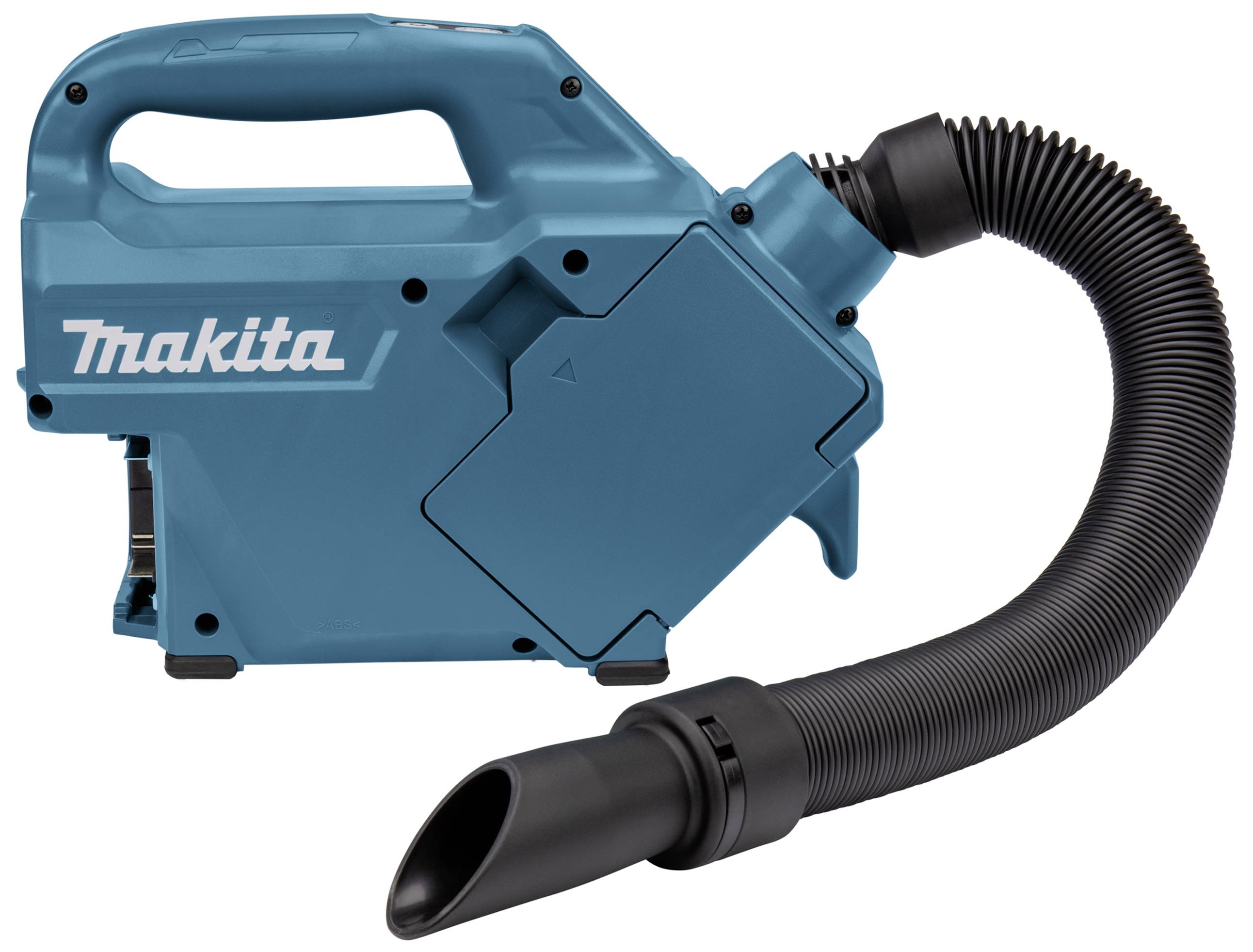 Ein tragbarer, blauer Staubsauger mit flexiblem Schlauch der Marke Makita. Geeignet für die Reinigung von kleinen Flächen und schwer zugänglichen Stellen.