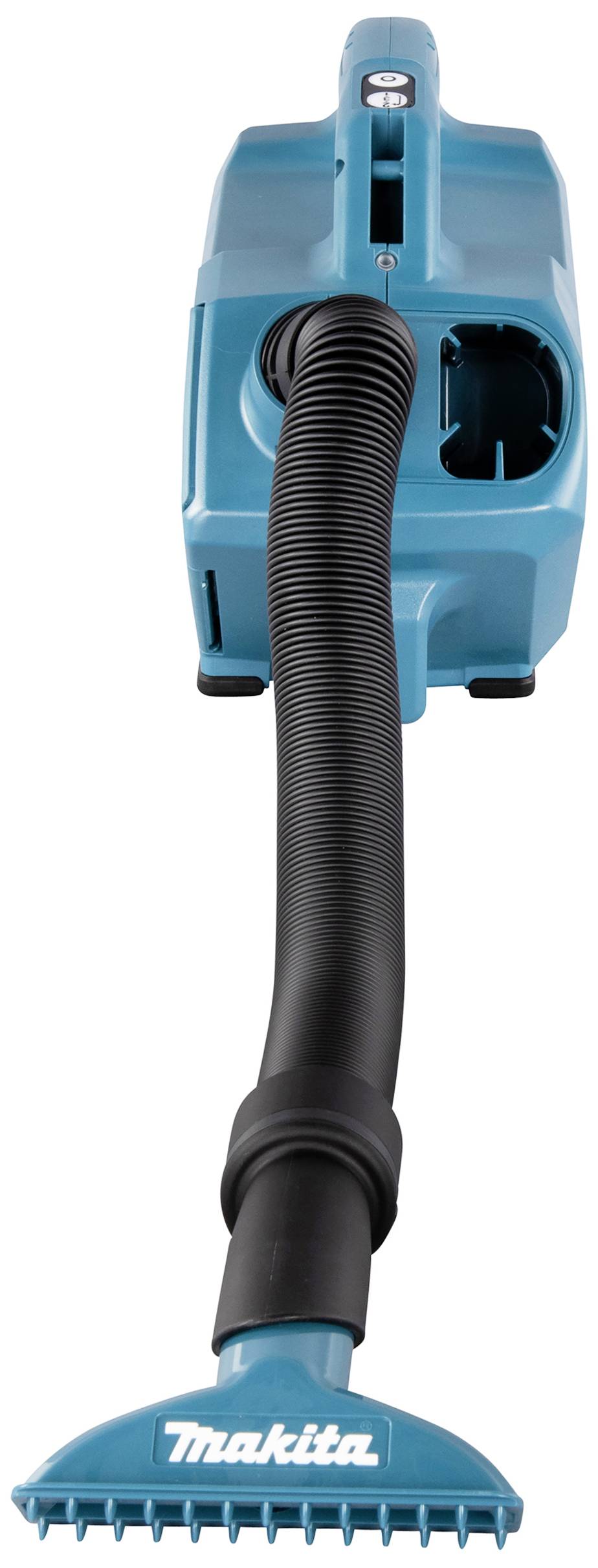 Ein blauer tragbarer Staubsauger mit einem schwarzen Schlauch und einer blauen Düse, für effizientes Reinigen kleiner Flächen.