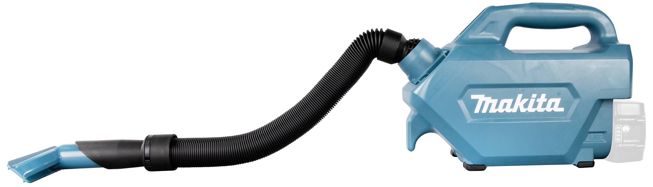 Ein tragbarer Staubsauger mit flexiblem Schlauch und Düse, geeignet für die Reinigung kleiner Flächen. Gerät ist blau mit einem Griff.
