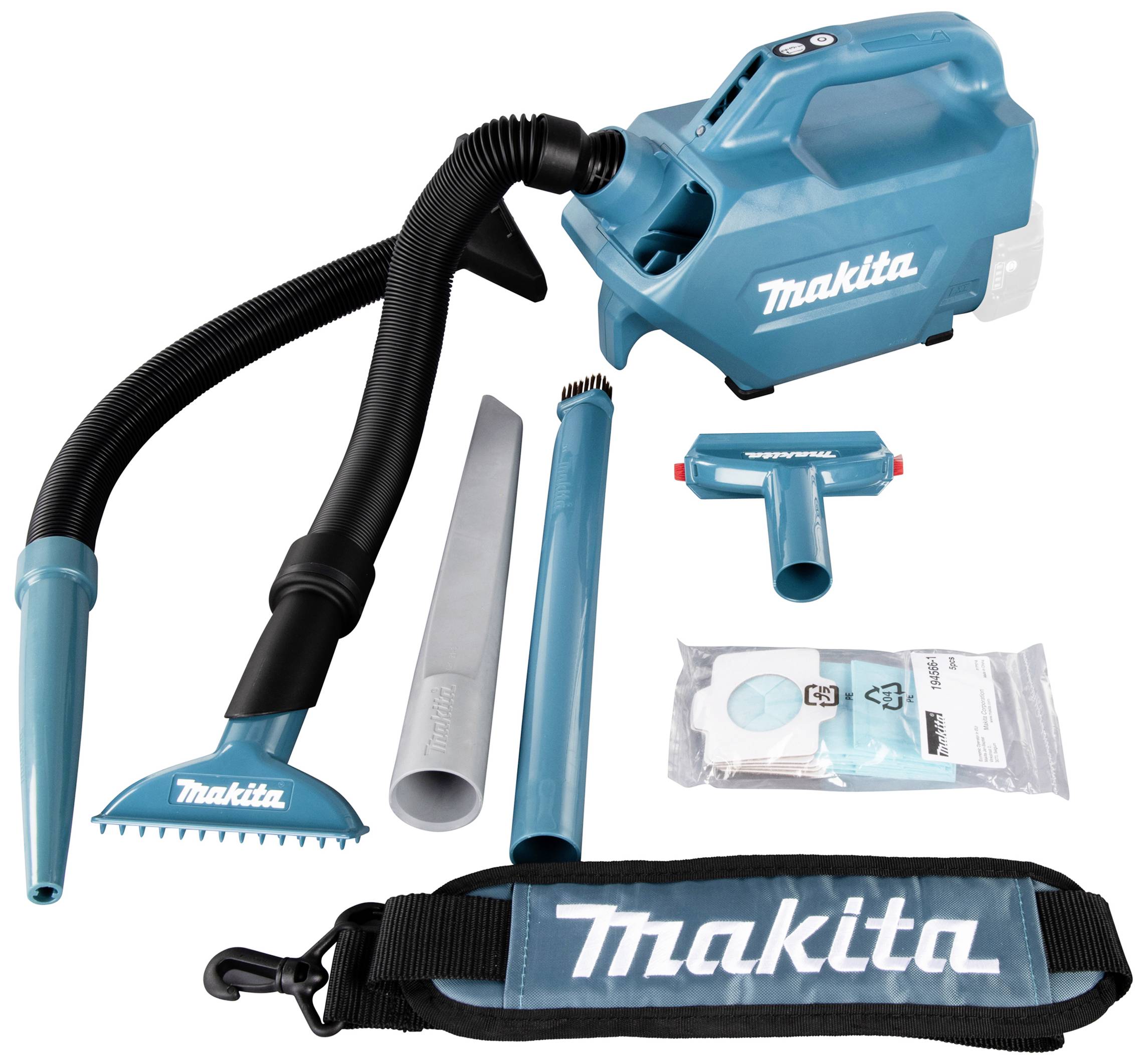 'Makita'-Handstaubsauger-Set mit verschiedenen Düsen und Zubehör. Hauptgerät in Türkis, flexibel nutzbar für verschiedene Reinigungsaufgaben.