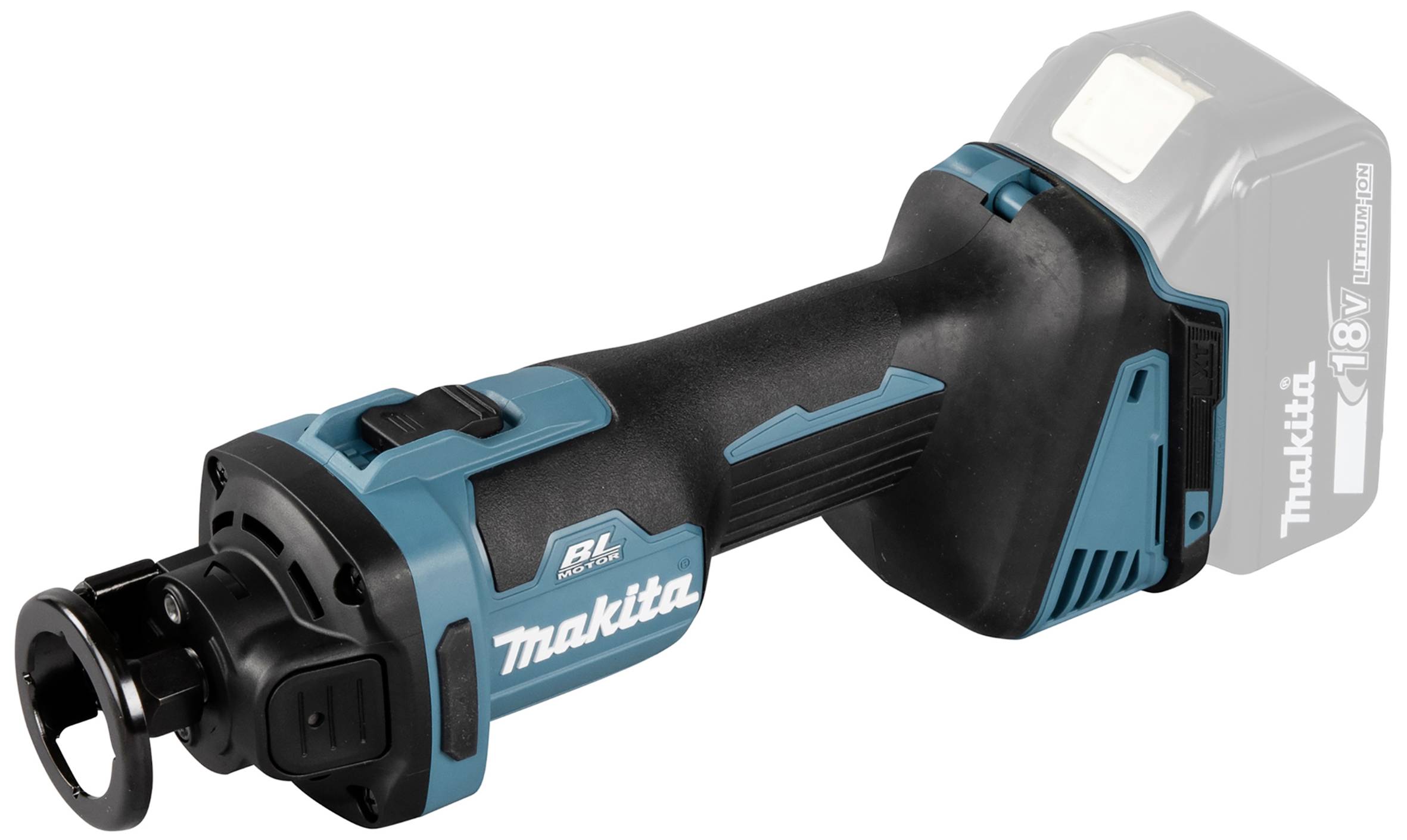 Ein kabelloses Makita-Werkzeug mit blau-schwarzem Gehäuse und Griff, gezeigt ohne eingesetzten Akku.