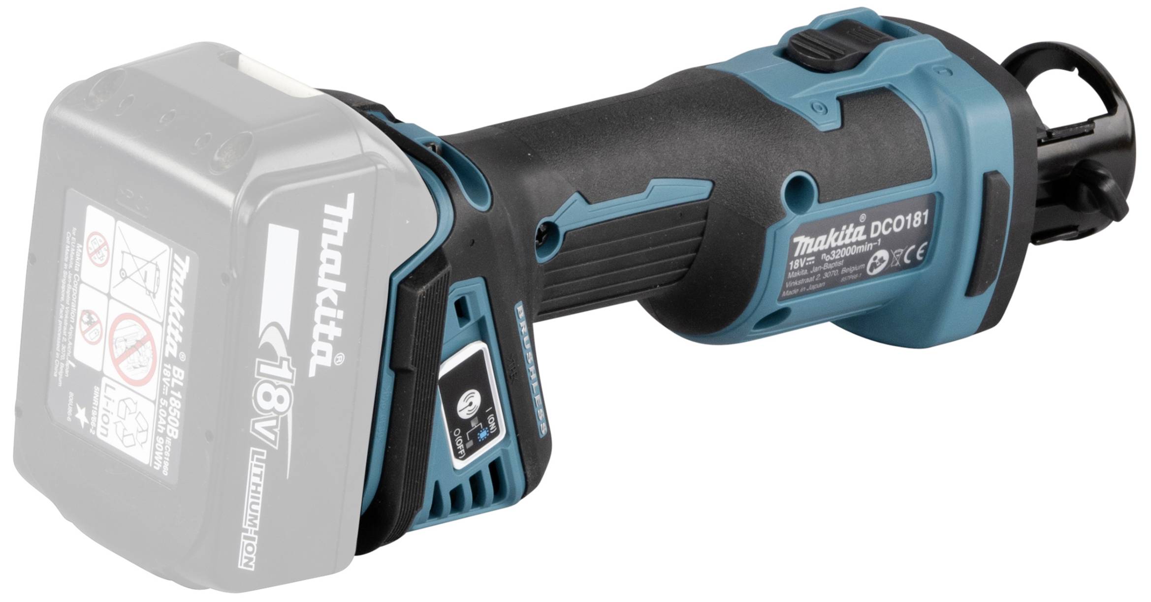 Schnurloses Elektrowerkzeug mit schwarzem Griff und blauem Akzent, mit einem abnehmbaren 18V-Lithium-Ionen-Akku auf der Rückseite.