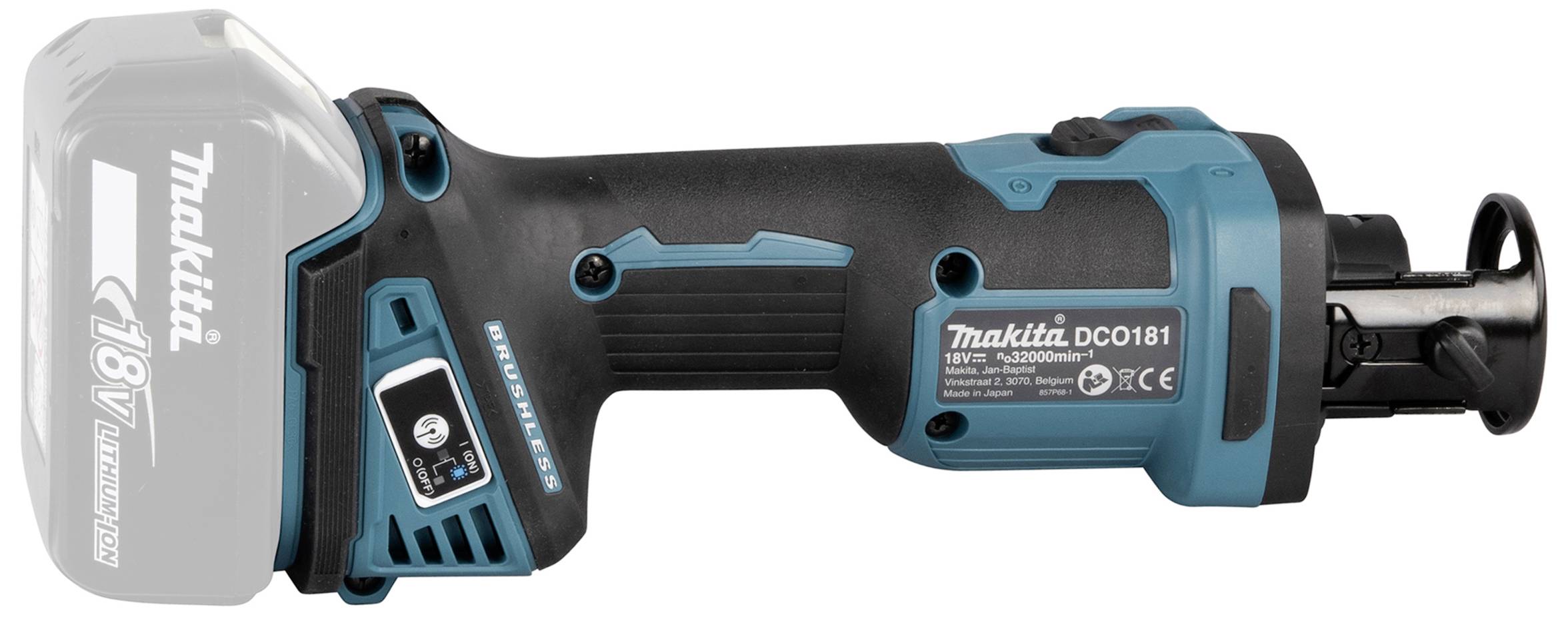 Ein kabelloses Makita 18V-Werkzeug, blau-schwarz, mit ergonomischem Griff und Akkufach, für präzise Schneidarbeiten geeignet.