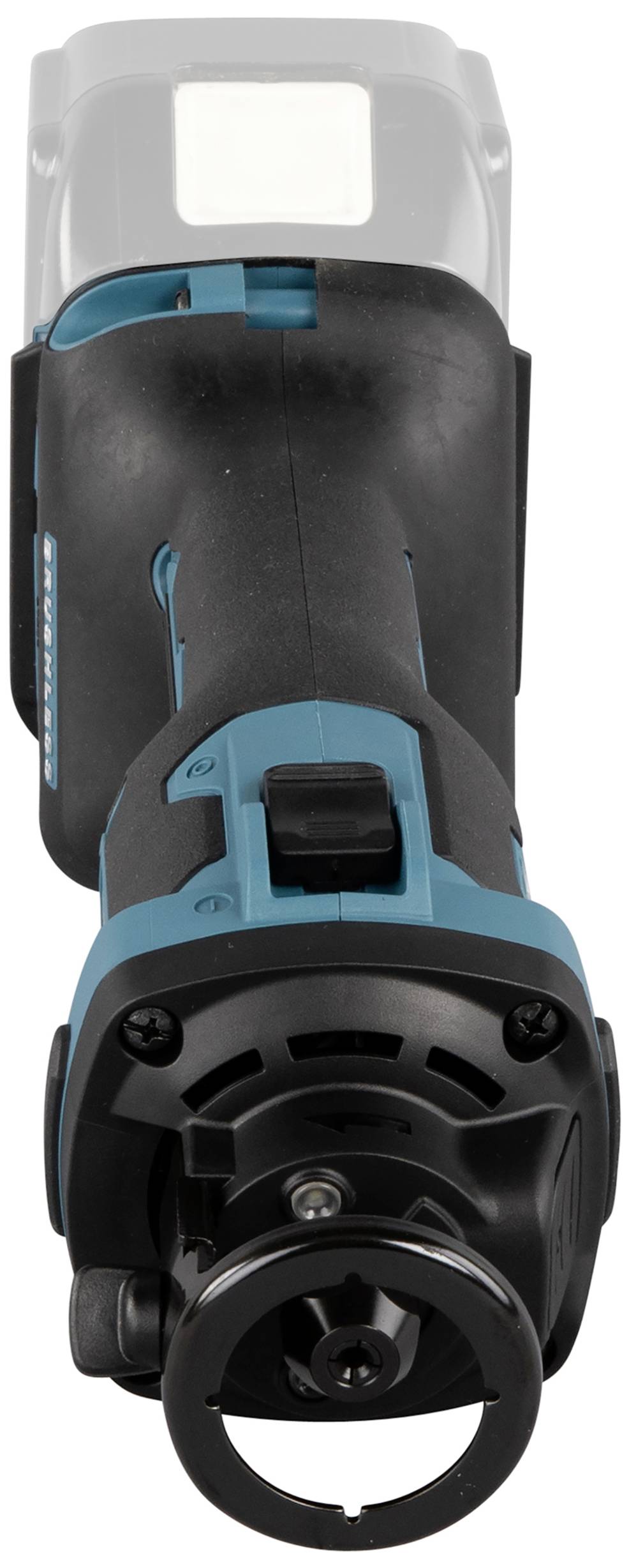 Akkubetriebener Winkelschleifer in Schwarz und Blau, Vorderansicht.