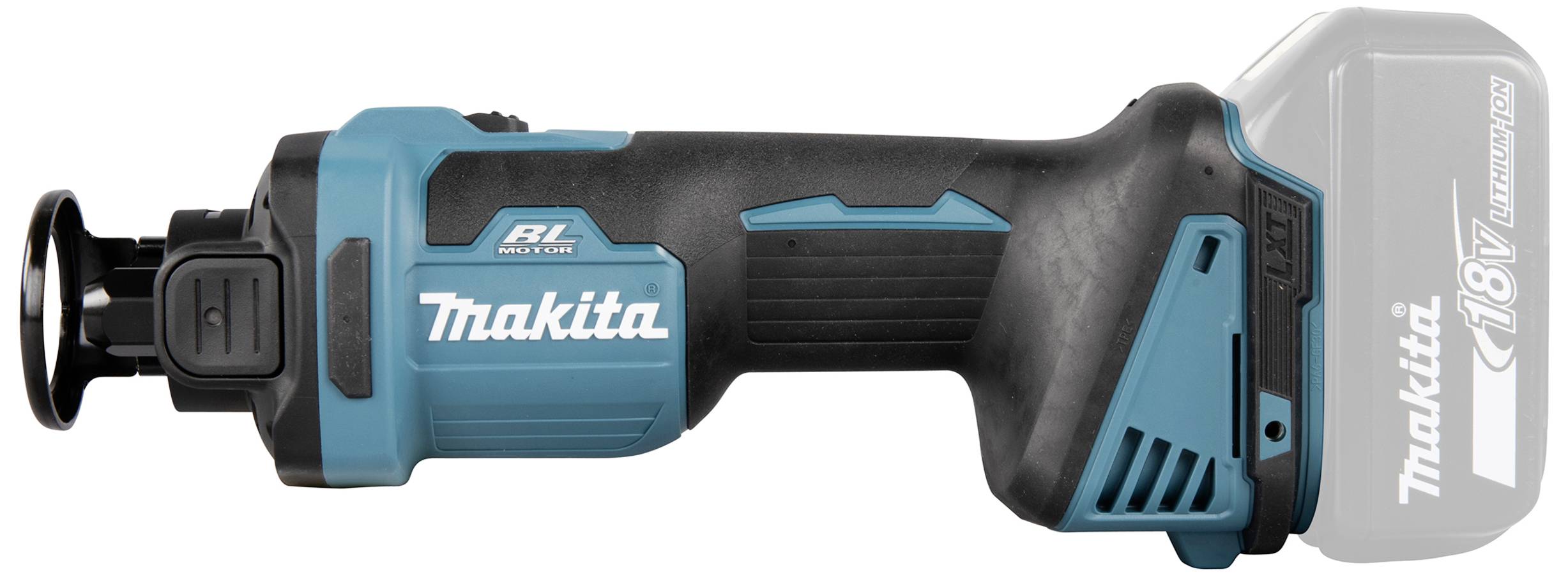 Akkuschrauber in Blau und Schwarz mit ergonomischem Griff und 'Makita'-Aufschrift. Akku nicht montiert, Werkzeugkopf sichtbar.