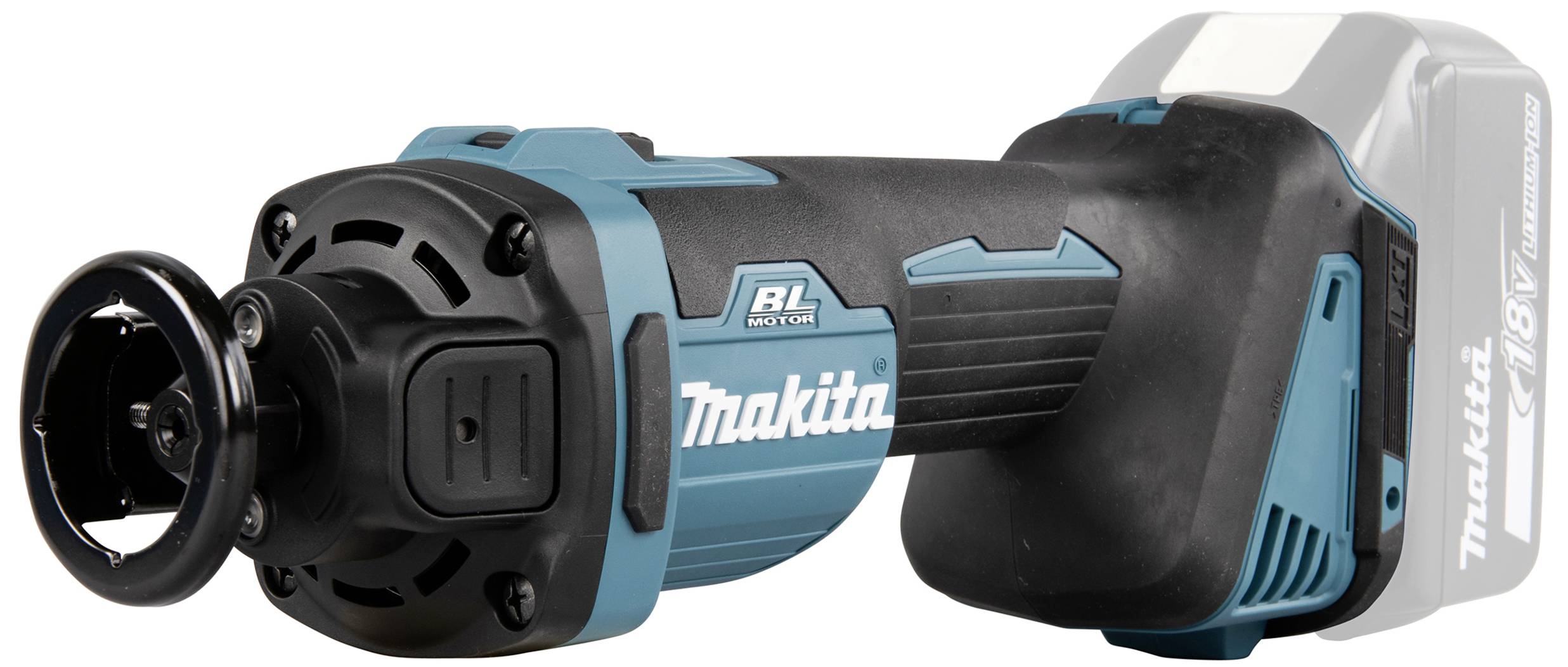 Ein kabelloses Elektrowerkzeug in Blau und Schwarz, mit dem Schriftzug 'Makita' auf der Seite, geeignet für präzises Schleifen und Schneiden.