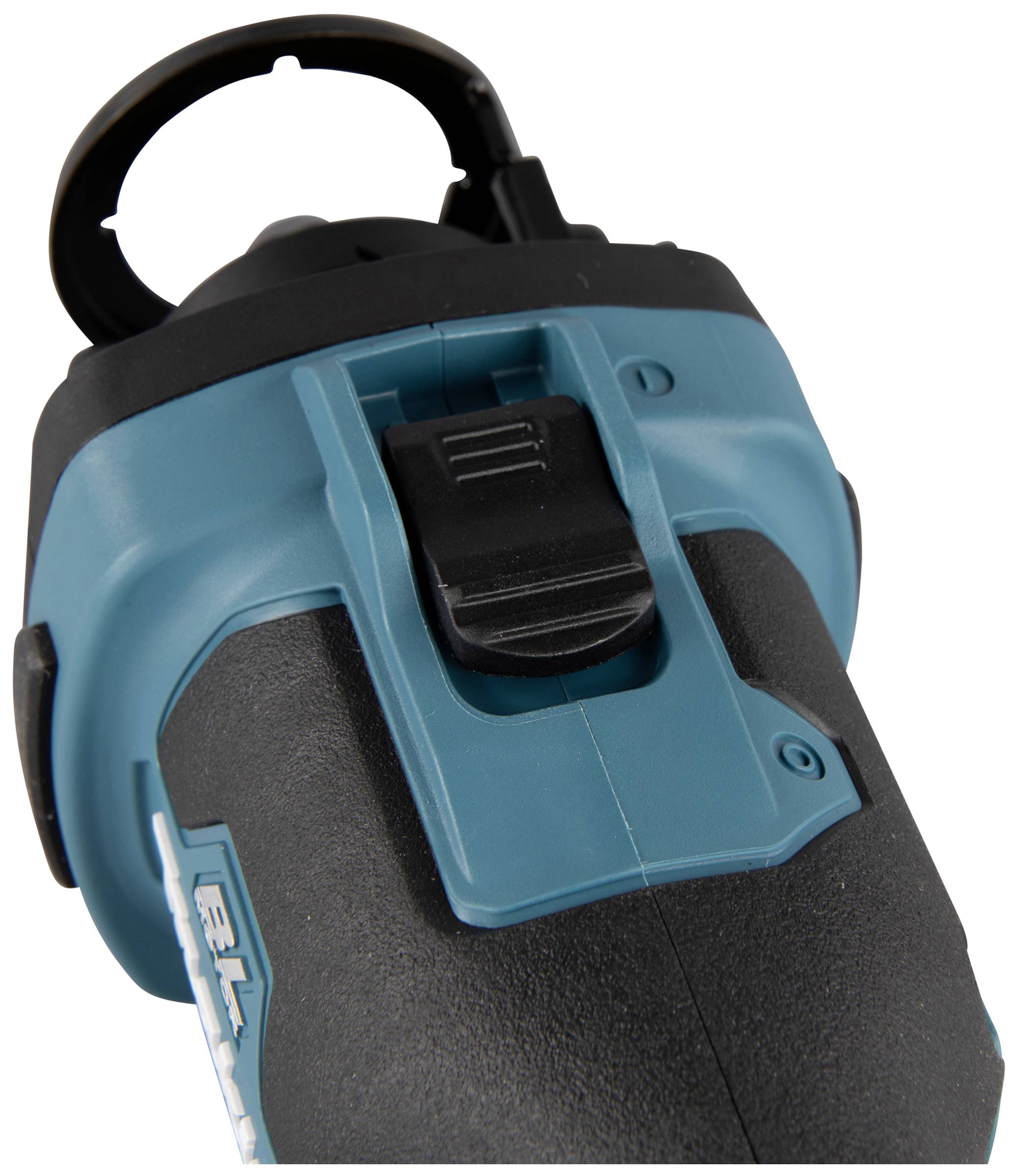 Nahaufnahme eines elektrischen Geräts mit einem Schalter und einem abnehmbaren Schutz. Gerät ist in Blau und Schwarz gehalten.