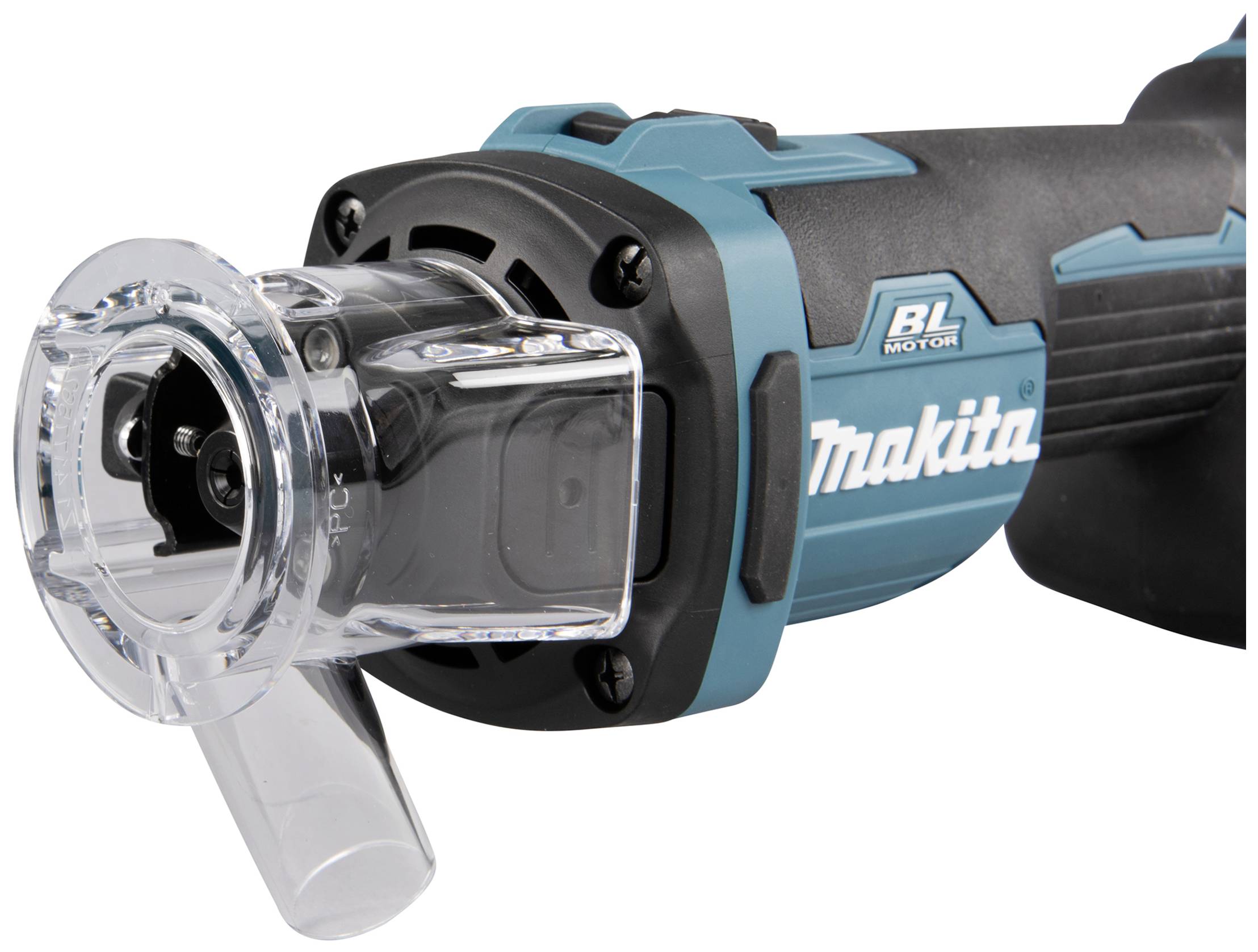 Eine blaue Akku-Schleifmaschine mit Kunststoff-Schutz. Markenname auf der Seite sichtbar. Augenmerk liegt auf der Verarbeitung und Schutzabdeckung.