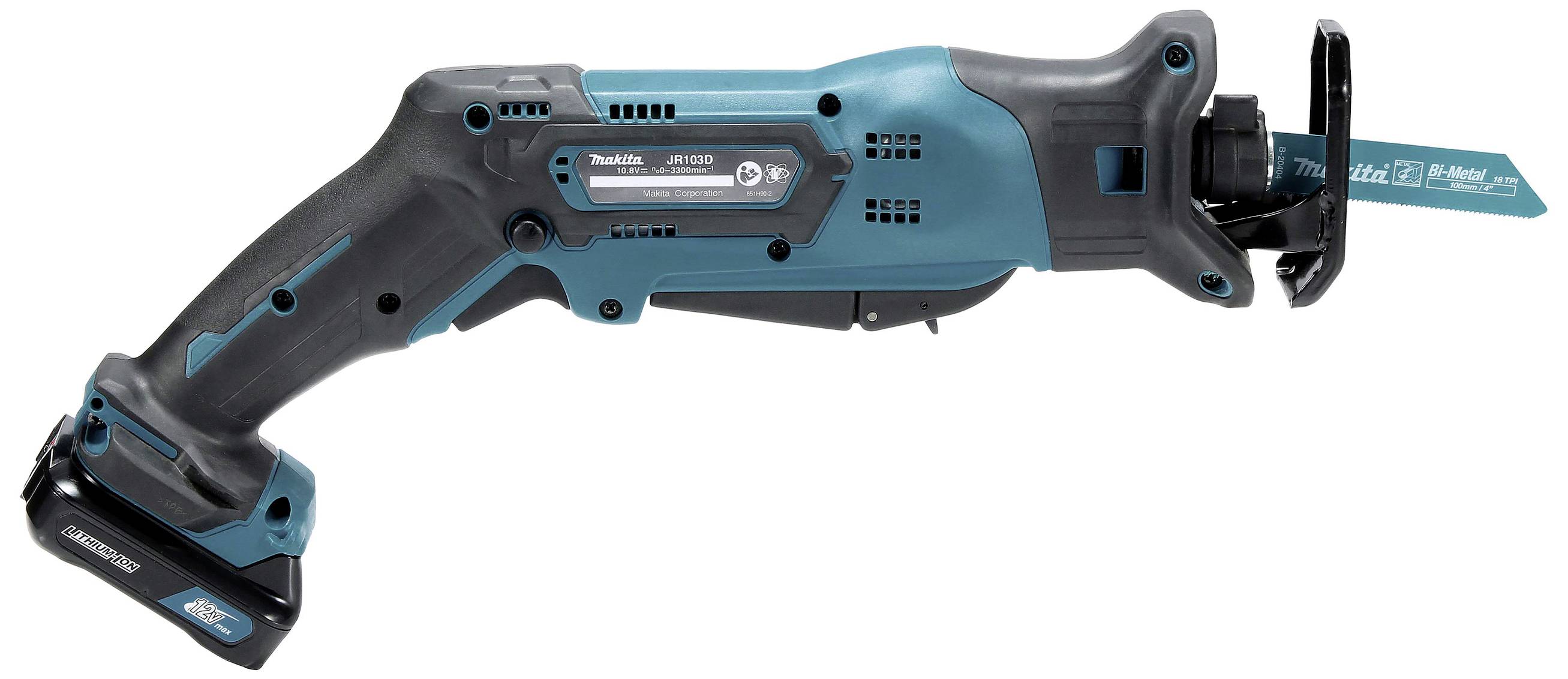 Akkubetriebene Säbelsäge mit blauem Gehäuse und ergonomischem Griff. Geeignet für Holz- und Metallbearbeitung.