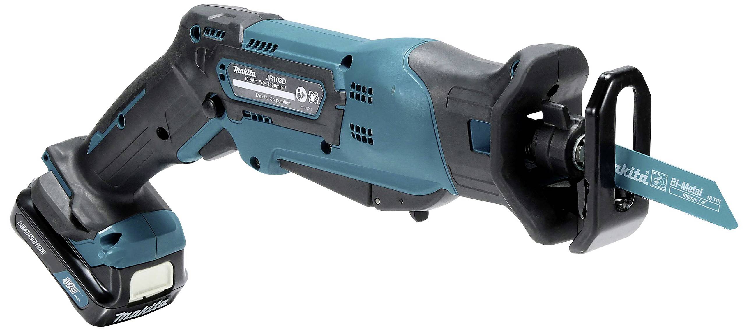 Akku-Säbelsäge in Blau und Schwarz, mit einem ergonomischen Griff und einem sichtbaren Akku. Perfekt für mobile Schneidearbeiten.