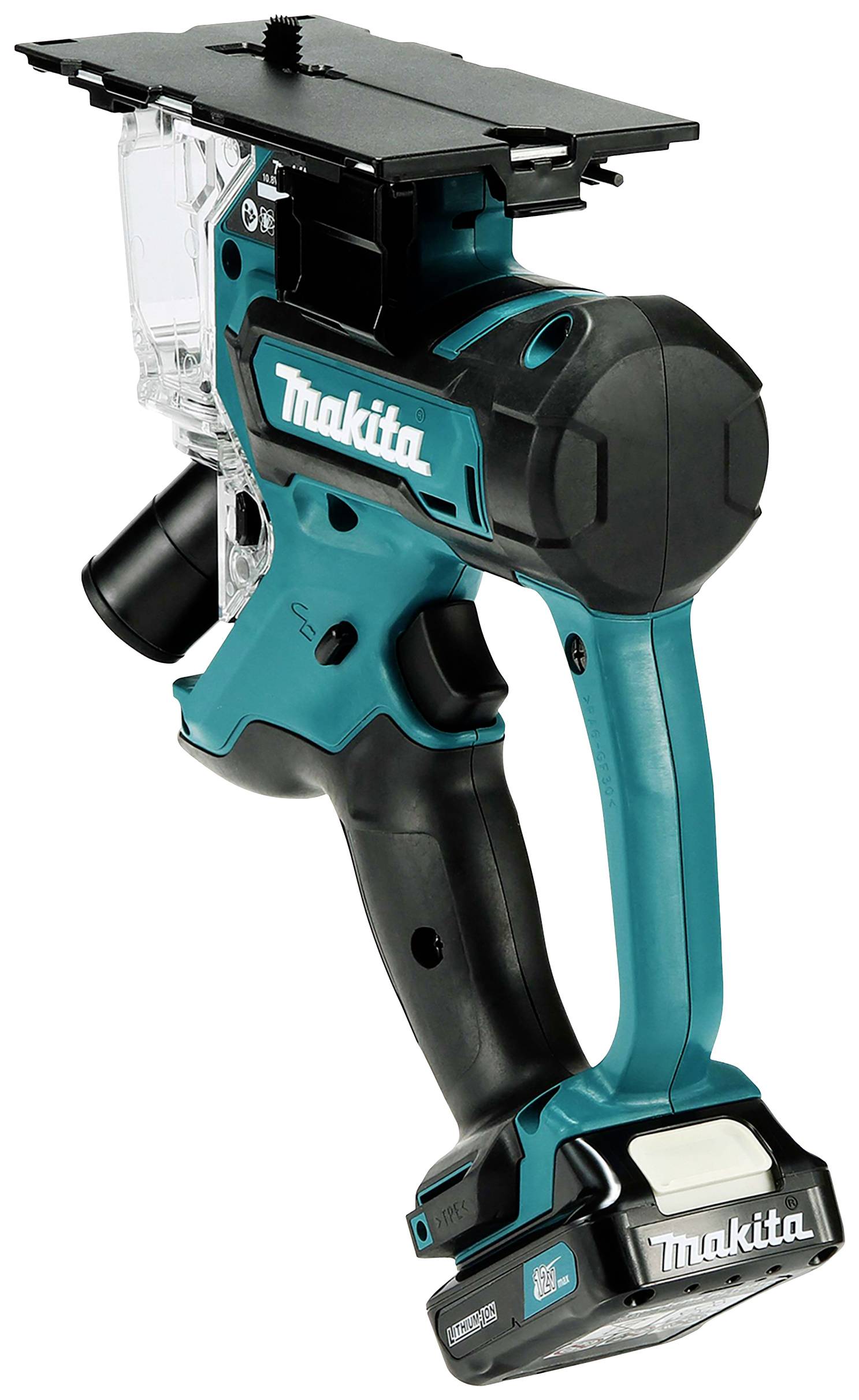 Batteriebetriebener, blauer Handstaubsauger mit schwarzem Griff und transparentem Schmutzbehälter, geeignet für kleine Reinigungsarbeiten.