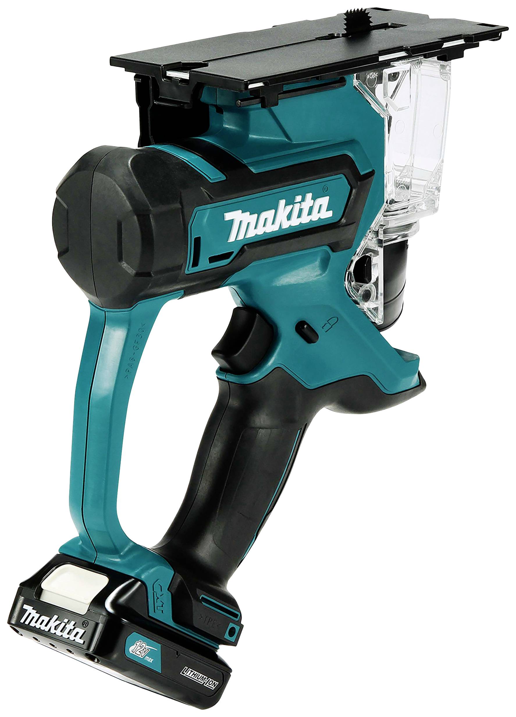 Kabelloses elektrisches Werkzeug von Makita in Blau und Schwarz, hauptsächlich für Holzbearbeitung oder ähnliche Anwendungen verwendet.