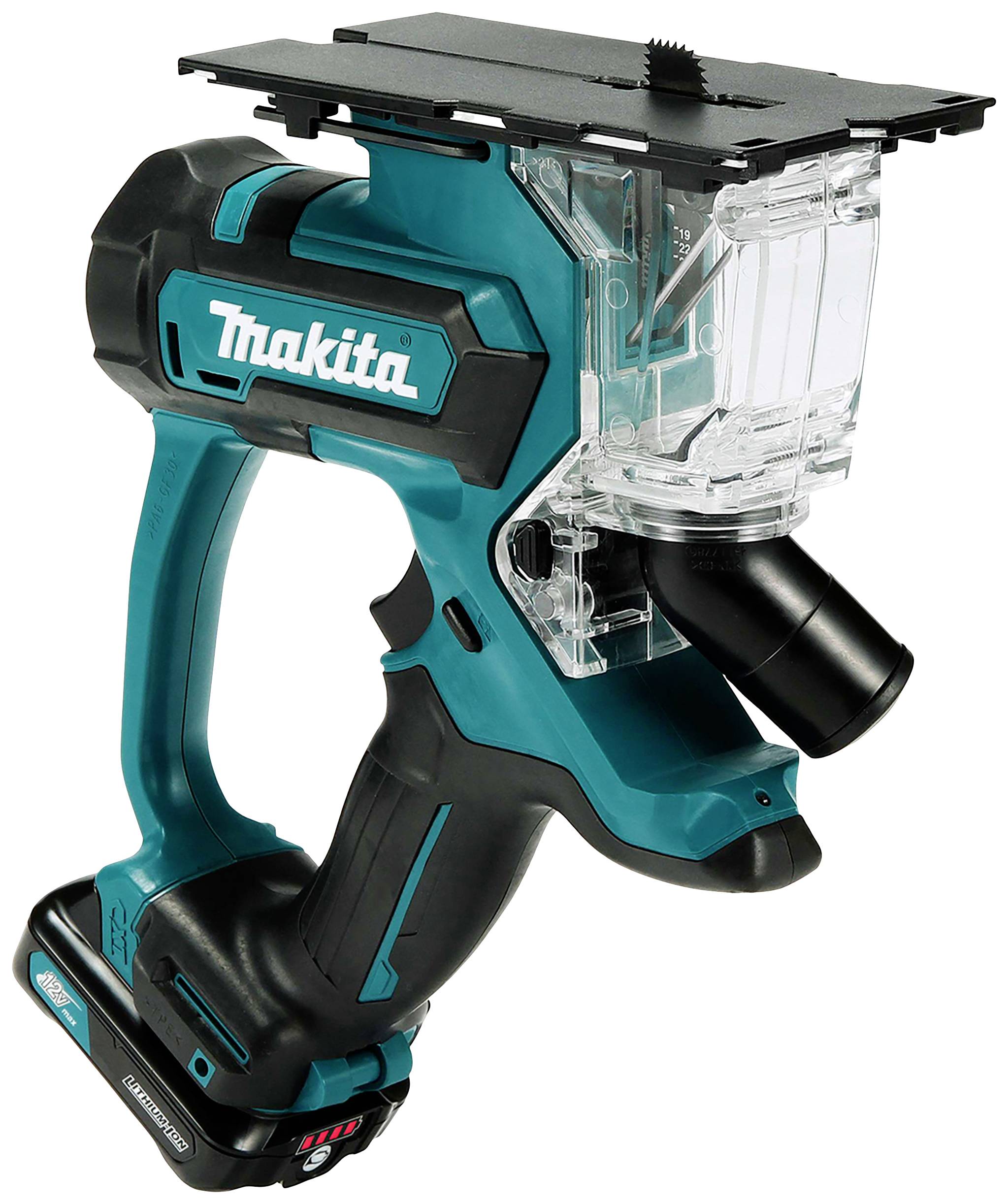 Kabellose Handkreissäge in Blau und Schwarz mit transparentem Schutzgehäuse, geeignet für präzise Schaumschnitte.