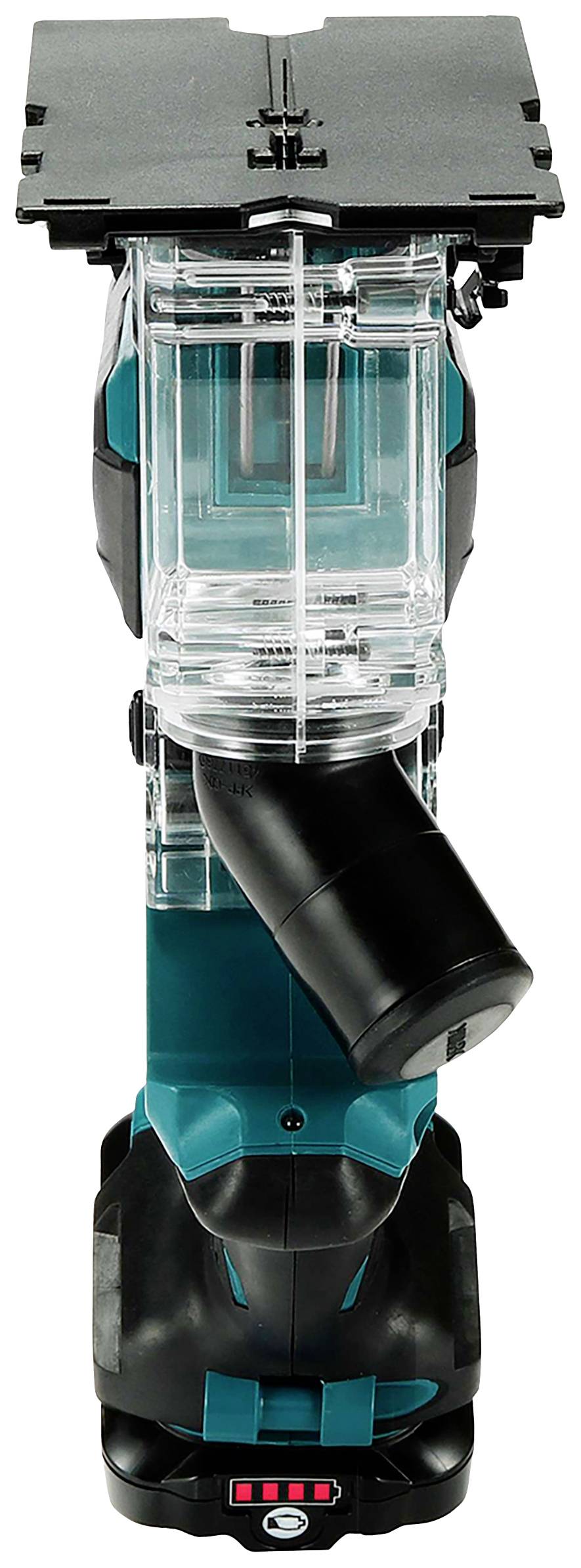 Akku-Schlitzschneider von oben, mit transparentem Schutz und schwarzem Griff. Geeignet für präzises Schneiden von Materialien.