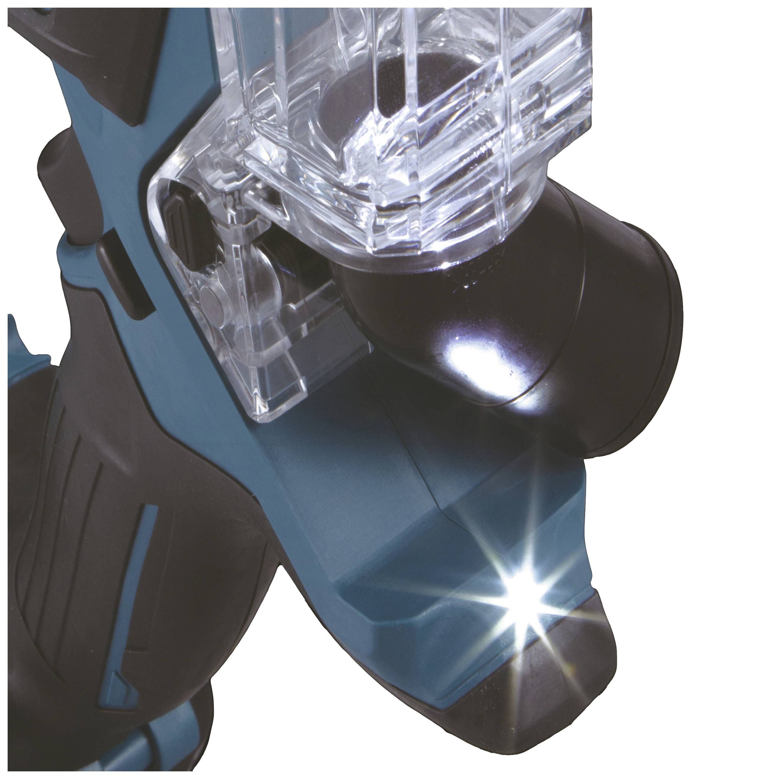 Nahaufnahme eines blauen Elektrowerkzeugs mit schwarzem Griff und leuchtender LED-Lampe, die den Arbeitsbereich beleuchtet.