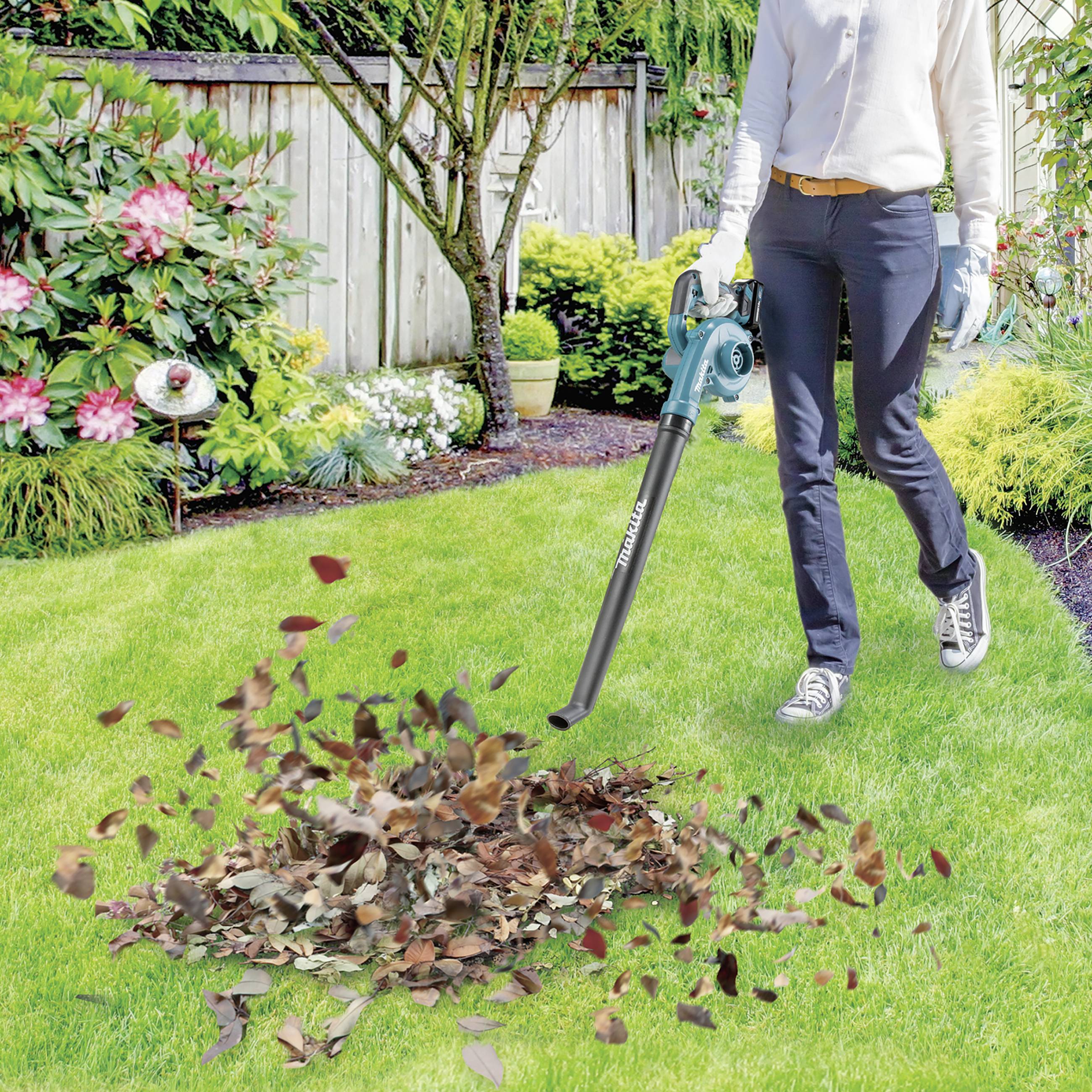 Eine Person steht im Garten und benutzt einen Laubbläser, um Blätter auf dem Rasen zu sammeln. Im Hintergrund sind Pflanzen und ein Holzzaun.