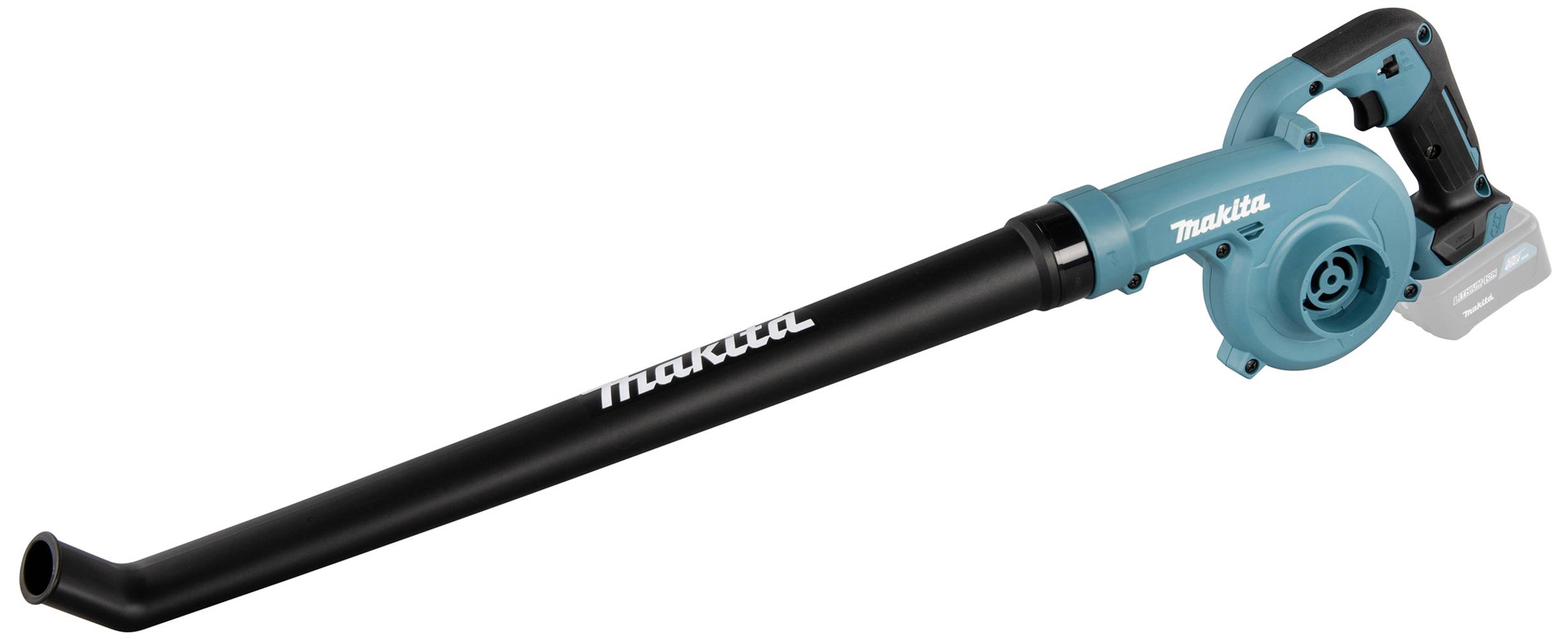 Elektrischer Laubbläser in Blau und Schwarz mit langem Ausblasrohr und ergonomischem Griff, geeignet für Gartenarbeiten.
