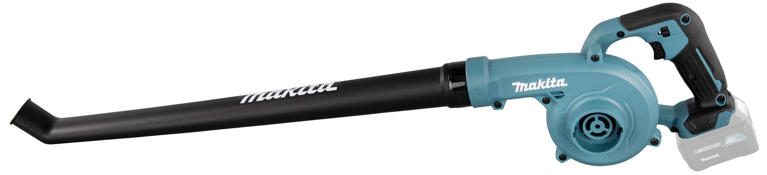 Ein blauer Laubbläser mit schwarzem Rohr und ergonomischem Griff. Markenname ist auf dem Gerät sichtbar.
