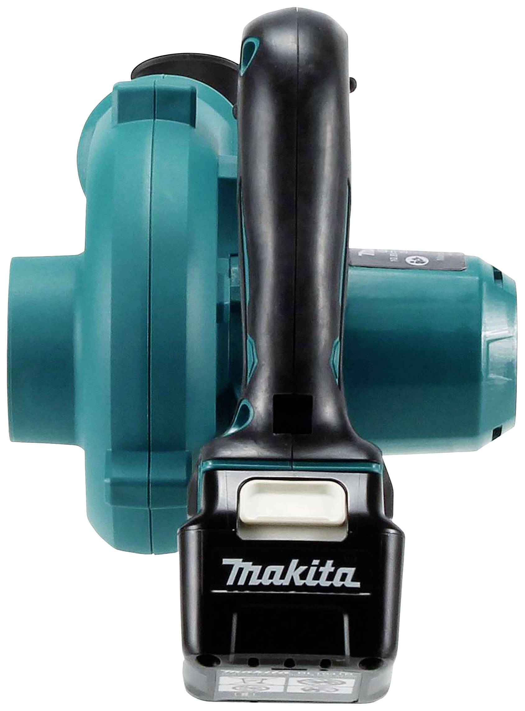 Ein kabelloses blau-schwarzes Gebläsegerät mit ergonomischem Griff. Die Batterieeinheit ist unten angebracht.