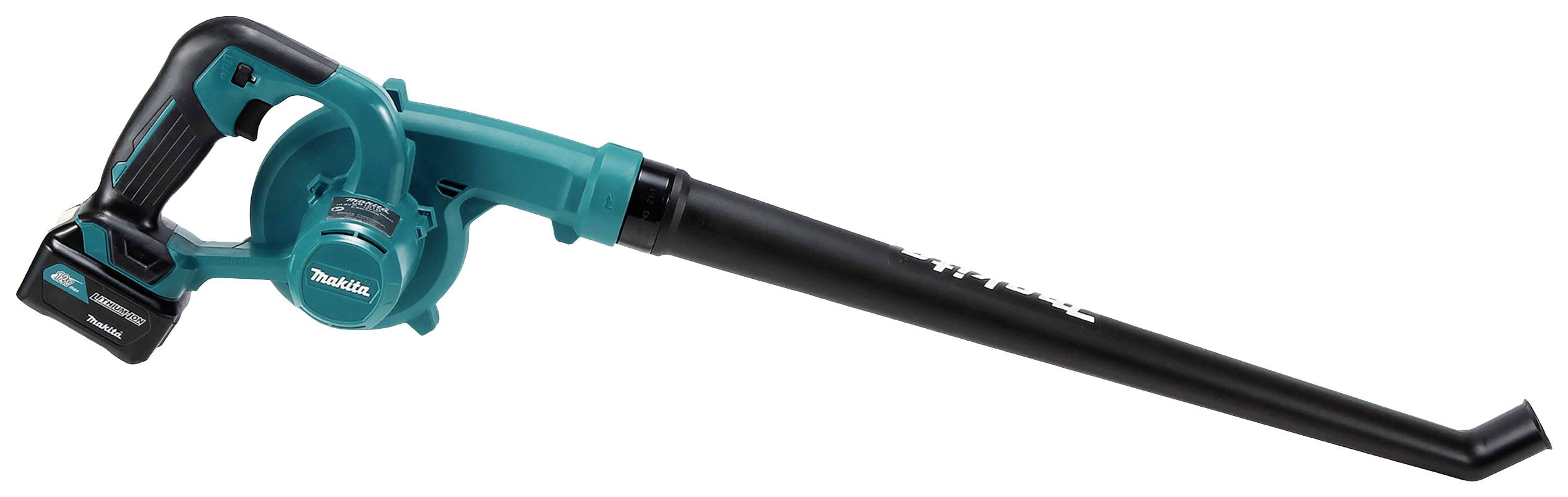 Ein tragbarer, kabelloser Laubbläser mit langem, schmalem Ausblasrohr und angebrachter Batterie. Hauptfarbe: Türkis.