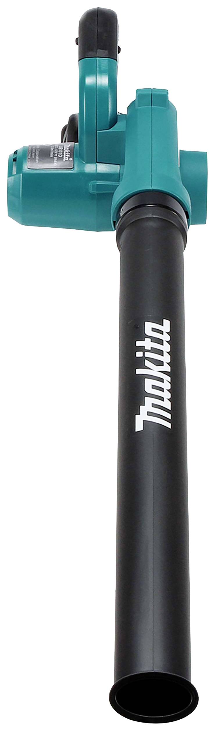 Laubbläser, schwarze Röhre mit weißem Schriftzug 'Makita', grünes Gehäuse mit Griff, zur Beseitigung von Blättern und Schmutz.