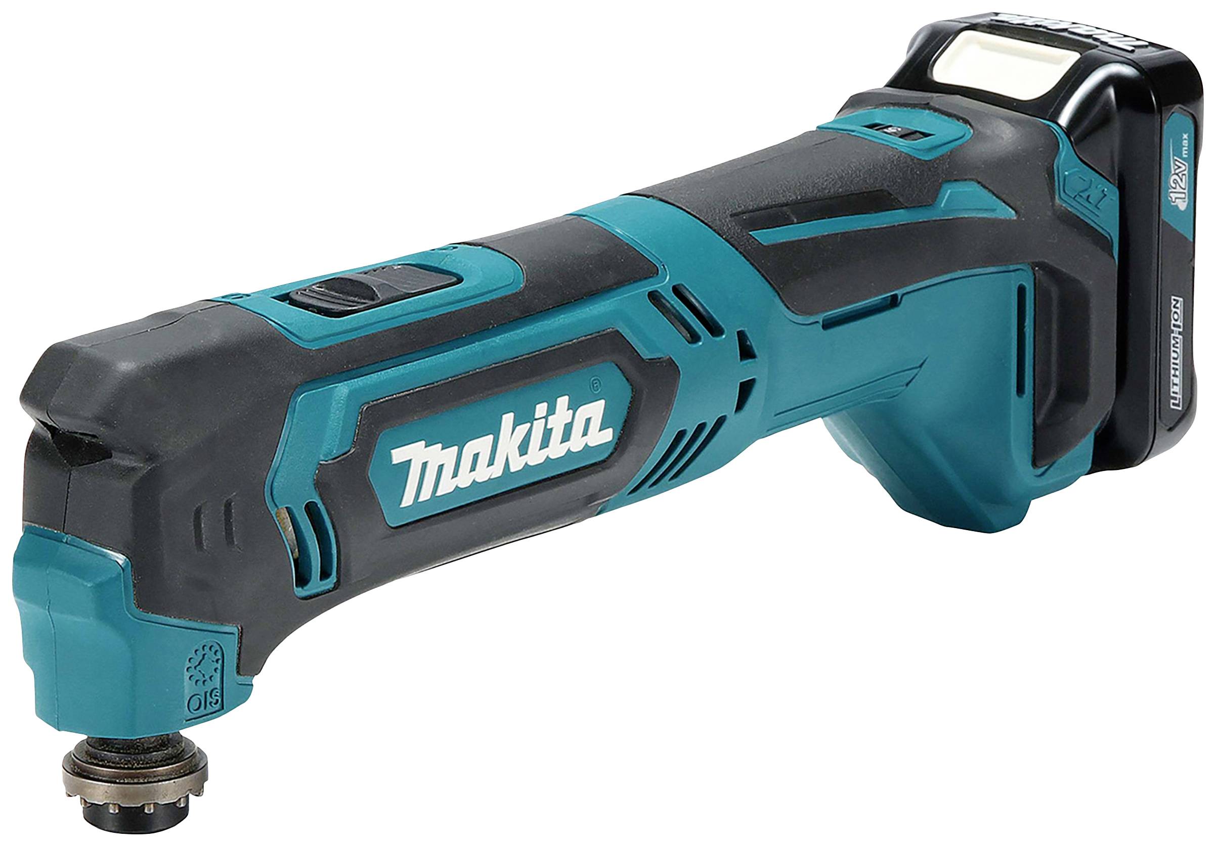 Akkubetriebenes Multifunktionswerkzeug in Blau und Schwarz, mit ergonomischem Design und abnehmbarem Akku. Geeignet für vielfältige Handwerksarbeiten.