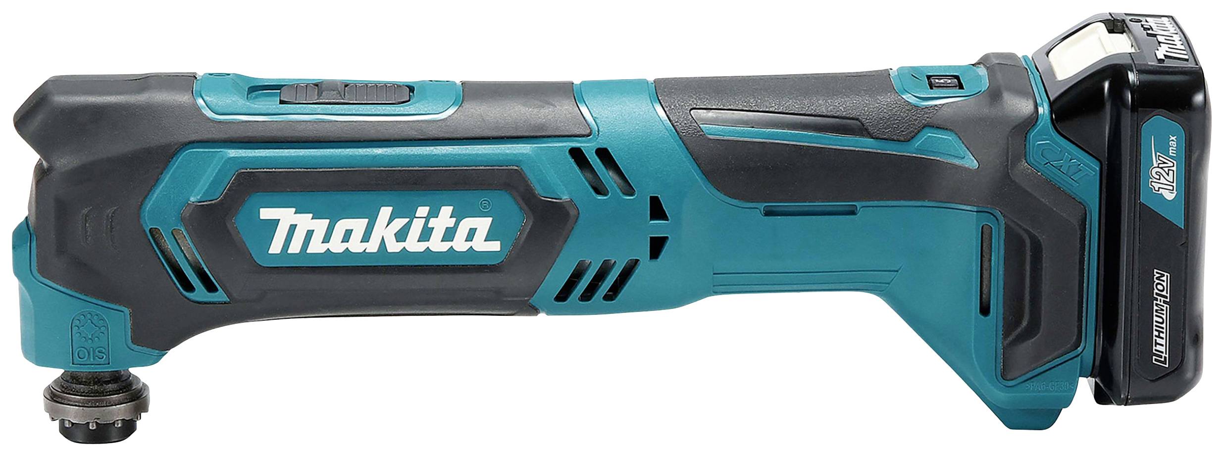 Kabelloses Makita-Multifunktionswerkzeug in Blau mit Akku, seitlich liegend. Ideal für Heim- und Handwerksprojekte.
