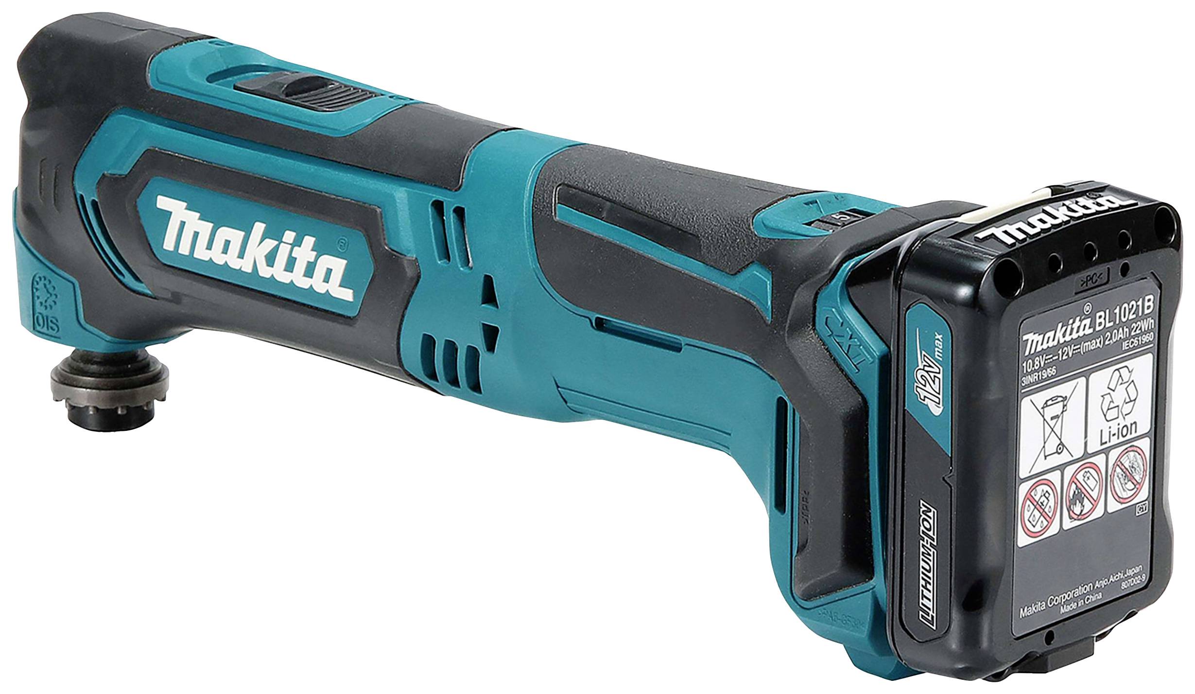 Akkubetriebener Winkelschleifer von Makita in Schwarz und Blau mit herausnehmbarer Batterie, geeignet für Heimwerkerarbeiten.