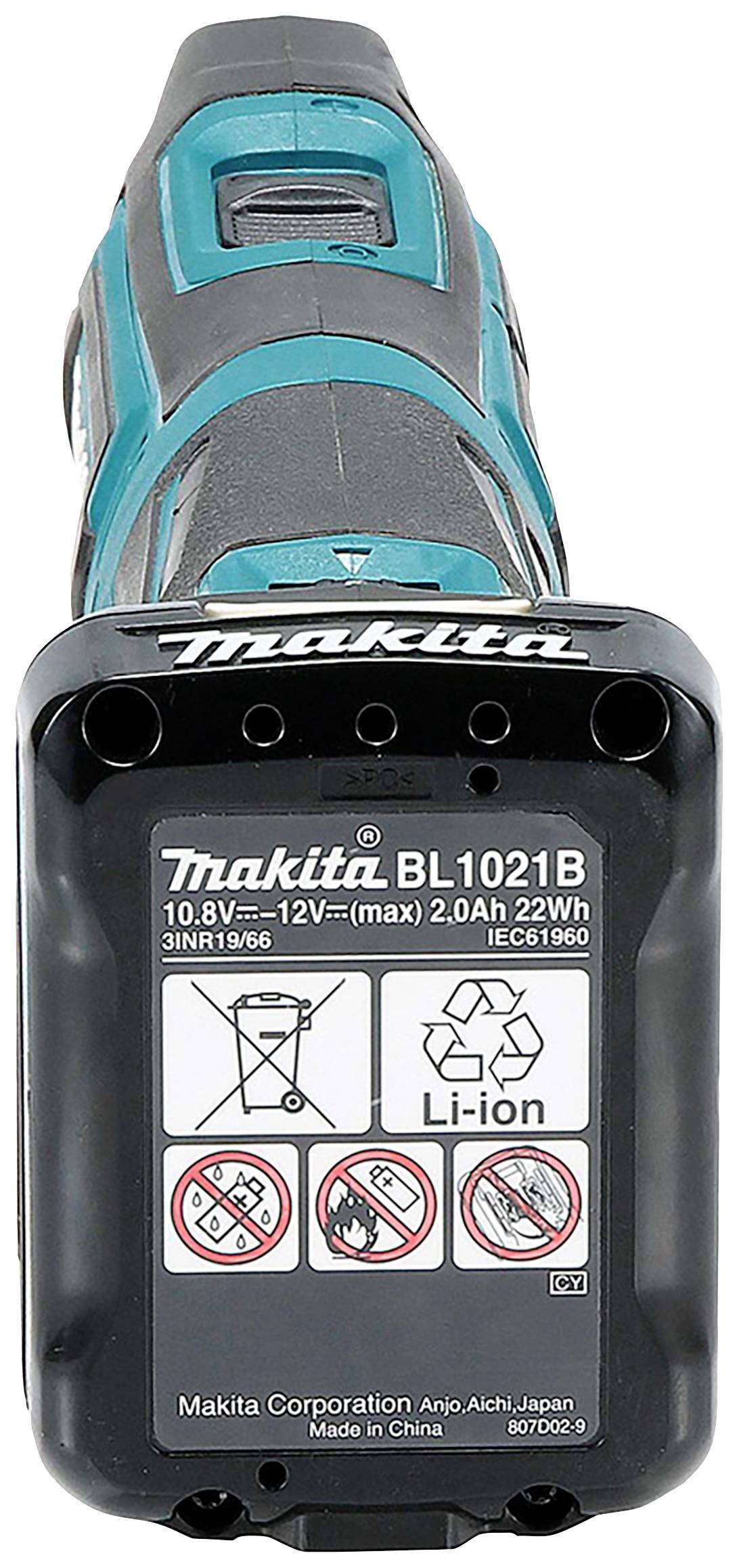 Ansicht eines Makita BL1021B Lithium-Ionen-Akkus mit technischer Spezifikation: 10,8V—12V, 2,0Ah, 22Wh, verwendet für Elektrowerkzeuge.