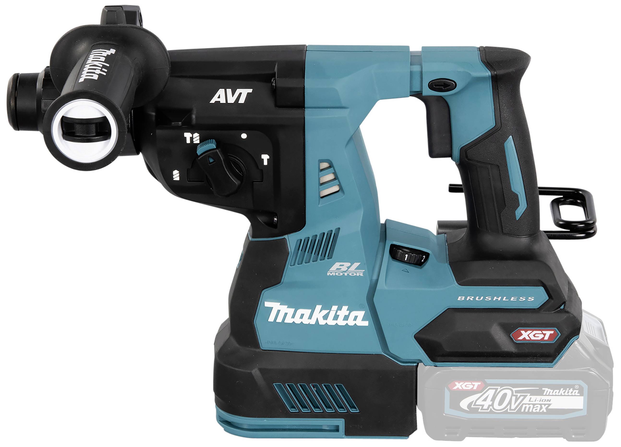 Akkubohrhammer von Makita, Modell XGT, mit SDS-Plus Bohrfutter und Pistolengriff-Design, steht aufrecht, blau-schwarzes Farbschema.