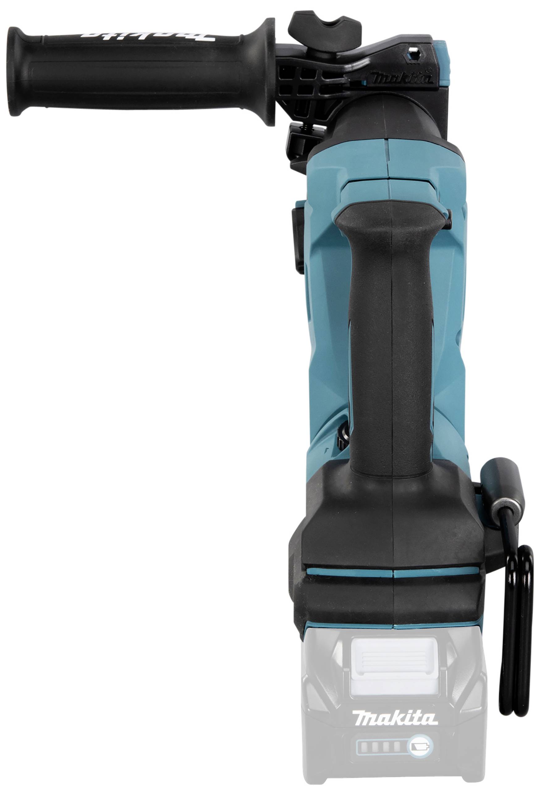 Ein blau-schwarzer Akku-Winkelschleifer mit Griff oben. Die Marke 'Makita' ist erkennbar. Das Werkzeug ist für handwerkliche Arbeiten bestimmt.