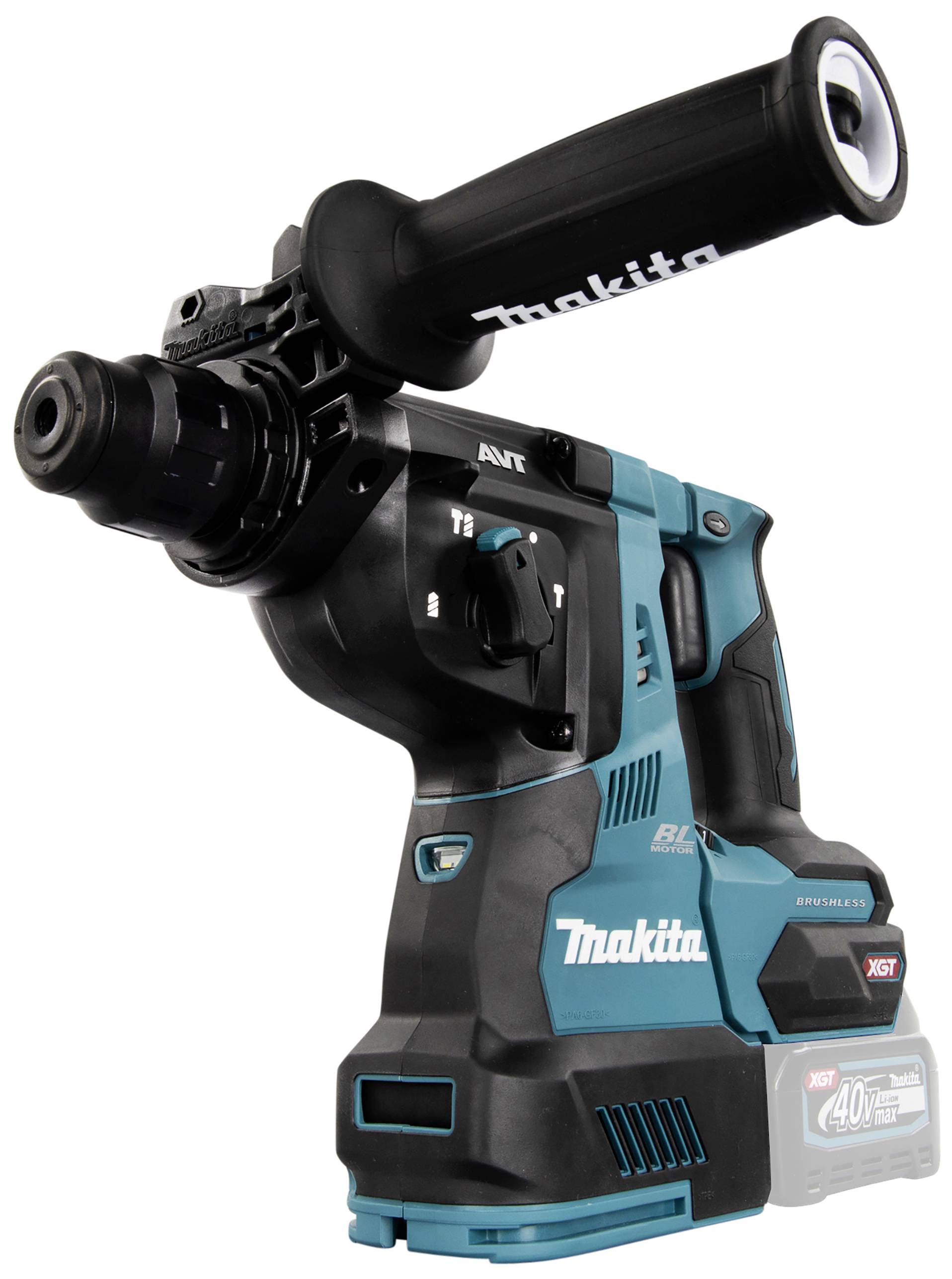 Ein kabelloser Bohrhammer in Blau mit schwarzem Griff und Aufsätzen. Marke und Modell erkennbar, geeignet für schwere Bauarbeiten.