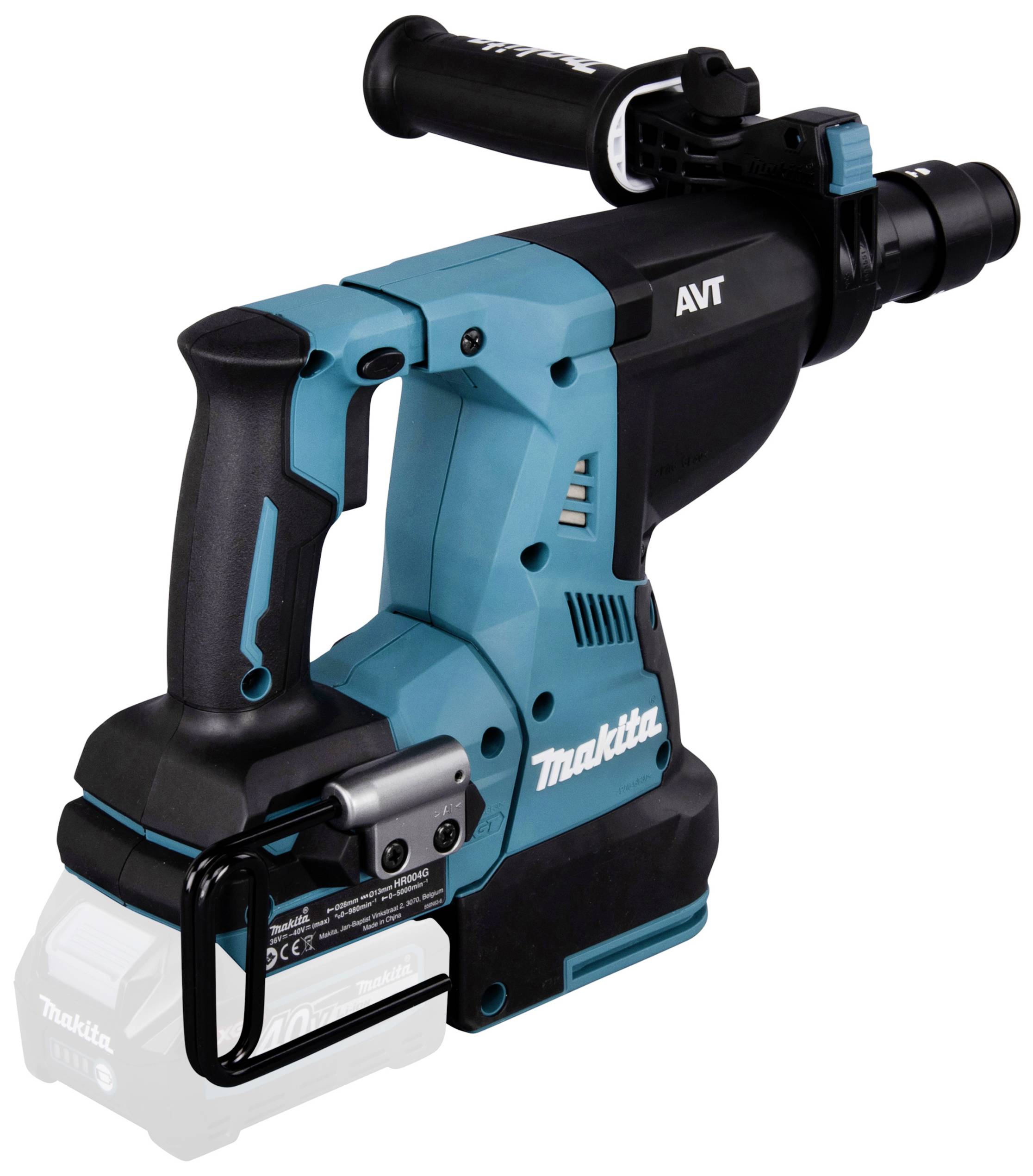 Blauer und schwarzer Elektrowerkzeughammer von Makita mit Handgriff, Schalter und Firmenlogo; professionelles Baugerät.