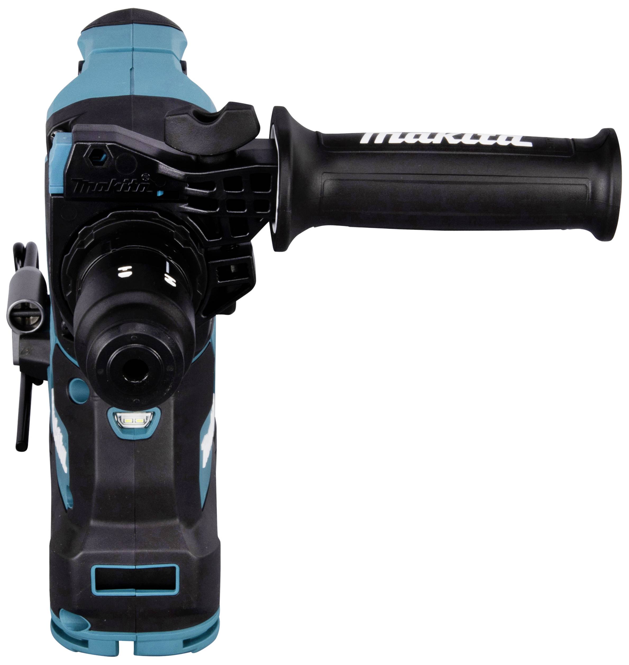 Makita Akku-Bohrhammer mit ergonomischem Griff, schwarz-türkis, für leistungsstarkes Bohren und Meißeln in Beton und Mauerwerk.