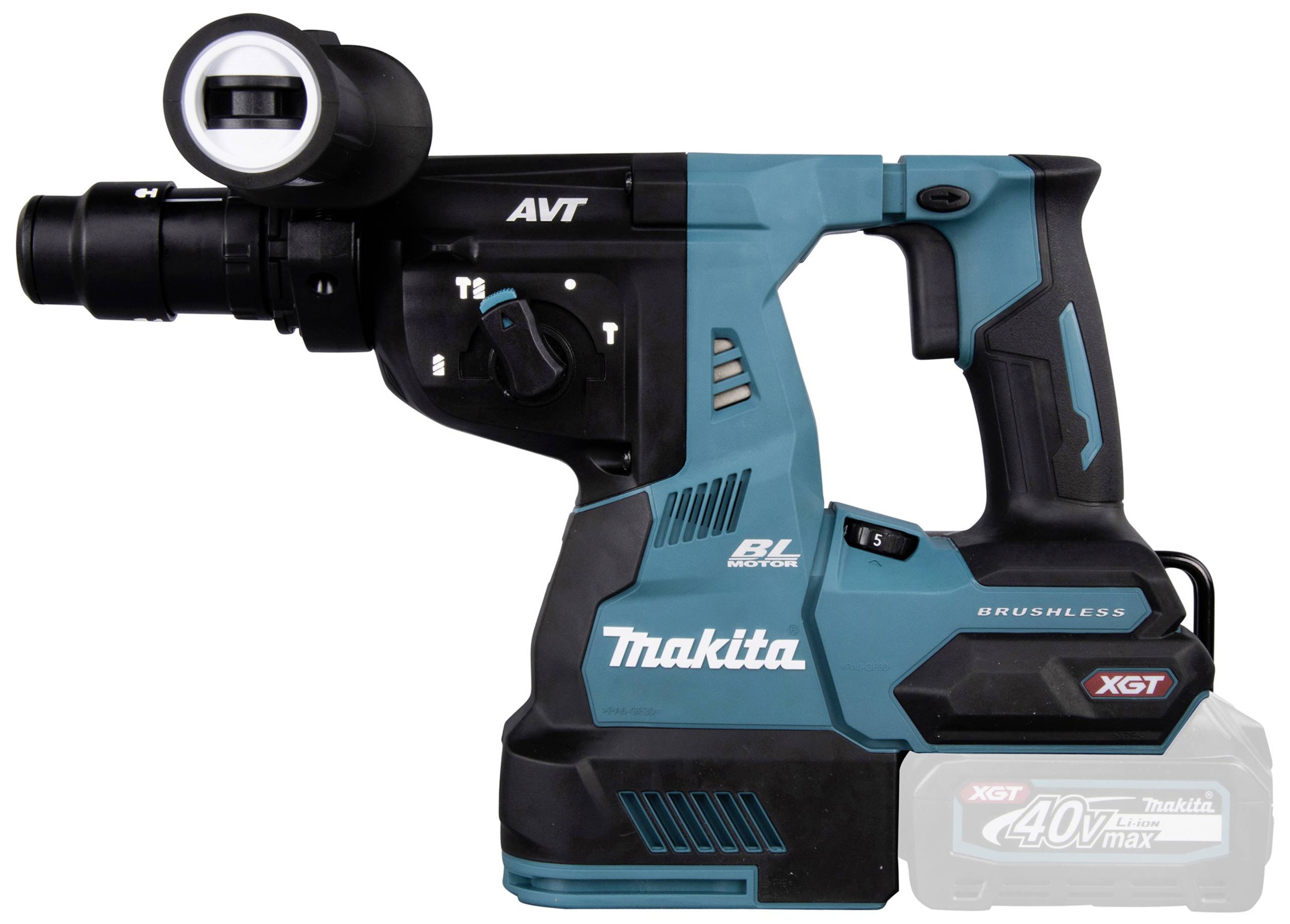 Ein blauer und schwarzer kabelloser Bohrhammer von Makita, Modell 