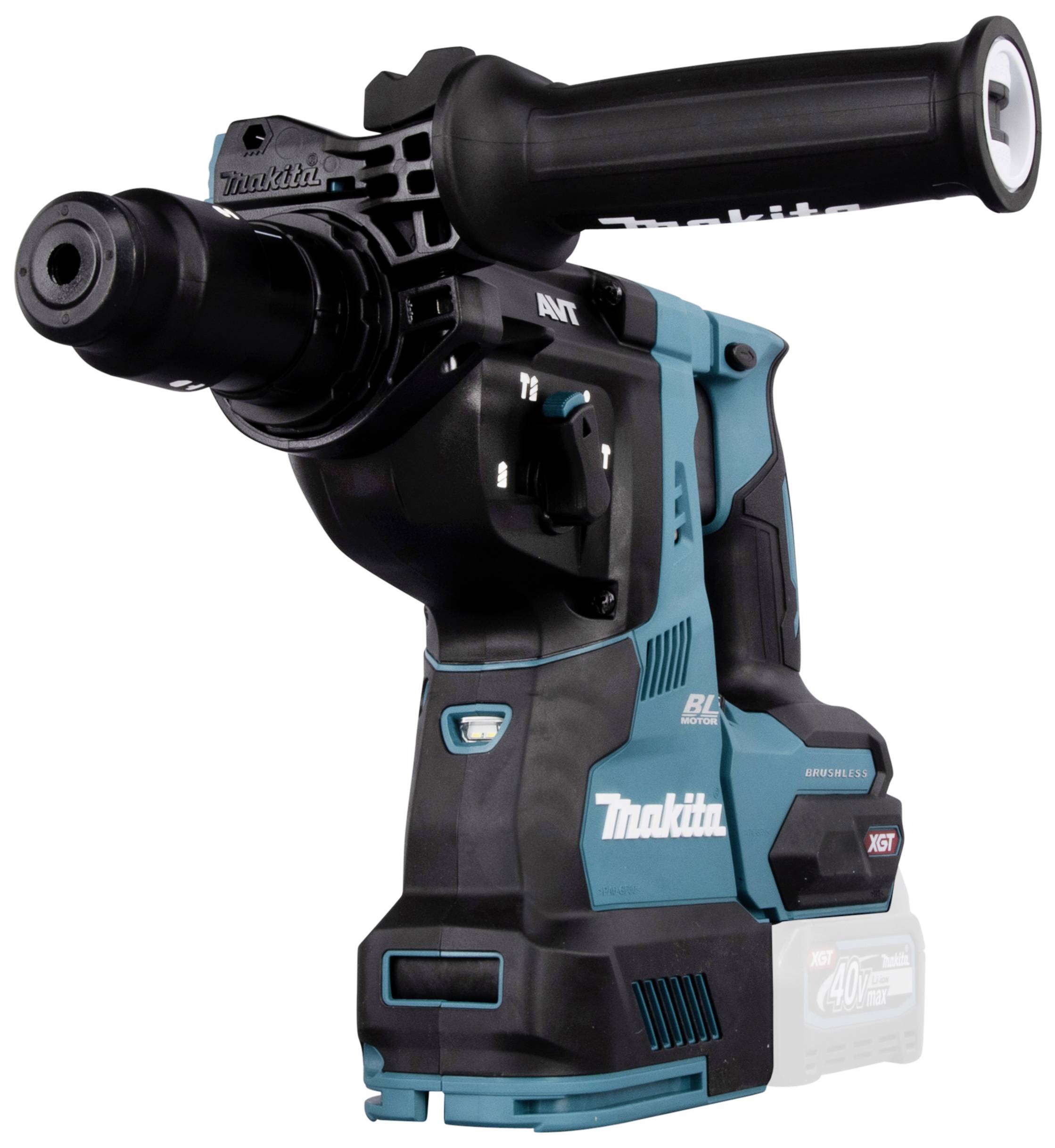 Ein blauer und schwarzer Bohrhammer. Er hat einen ergonomischen Griff und ist kabellos, geeignet für Bauarbeiten oder Renovierungen.