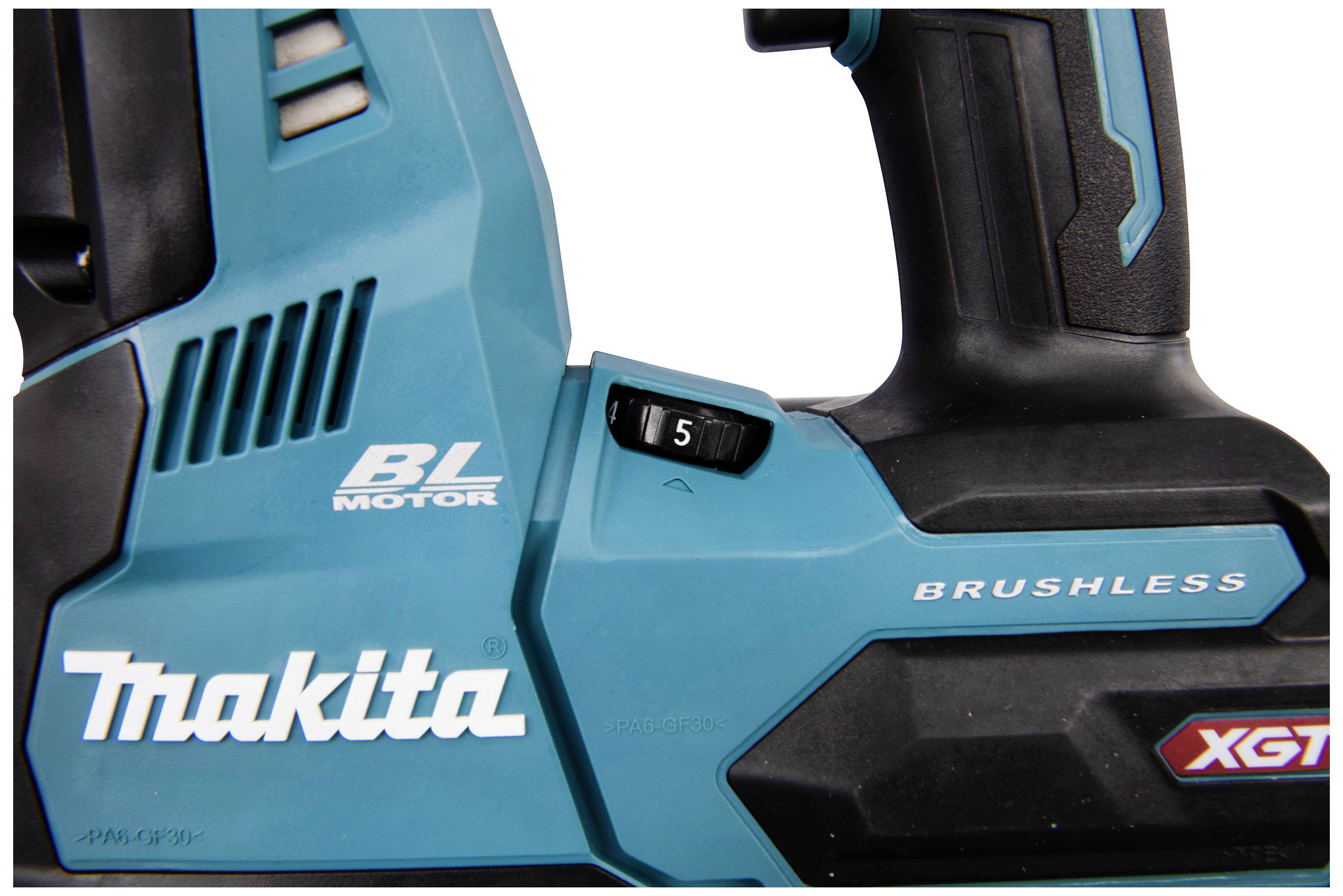 Ein blau-schwarzes Elektrowerkzeug mit der Aufschrift 'Makita BL Motor'. Enthält einen Geschwindigkeitsregler, eingestellt auf Stufe 5.