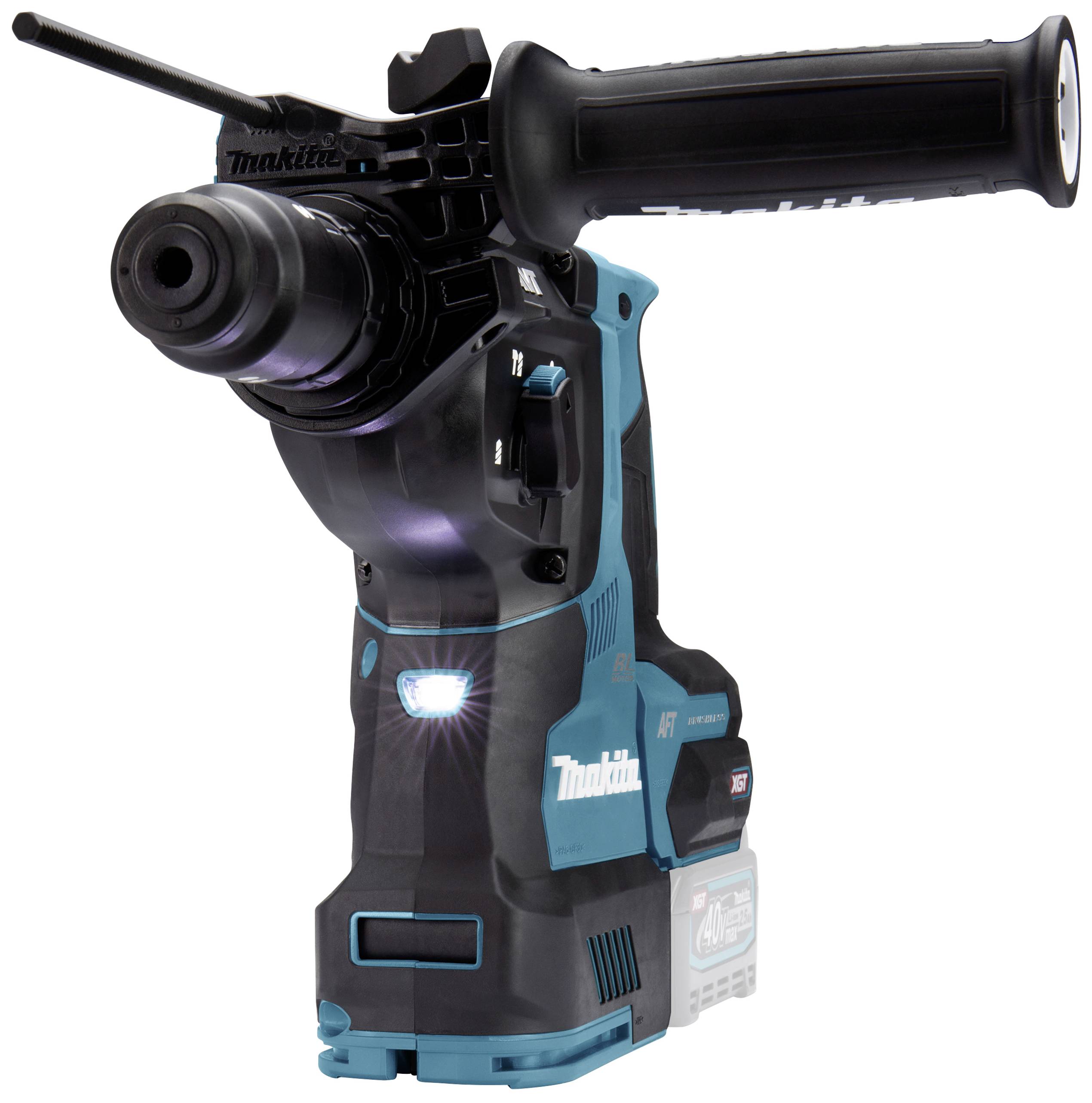 Ein blauer und schwarzer Akkubohrhammer mit einem ergonomischen Griff und einem LED-Licht, geeignet für Bau- und Renovierungsarbeiten.