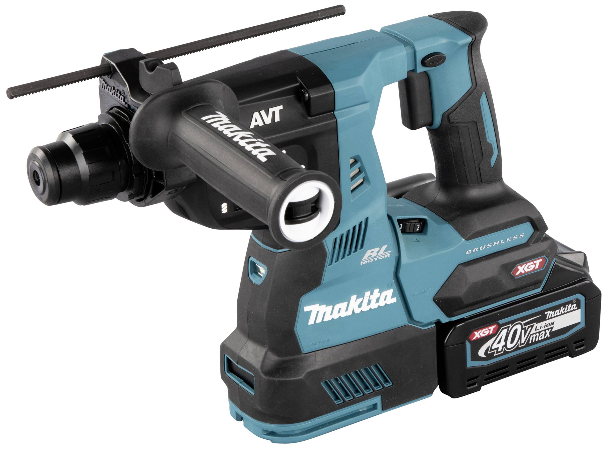 Ein blau-schwarzer Akkubohrhammer der Marke Makita, Modell XGT mit 40V Kapazität, geeignet für professionelle Bauarbeiten.