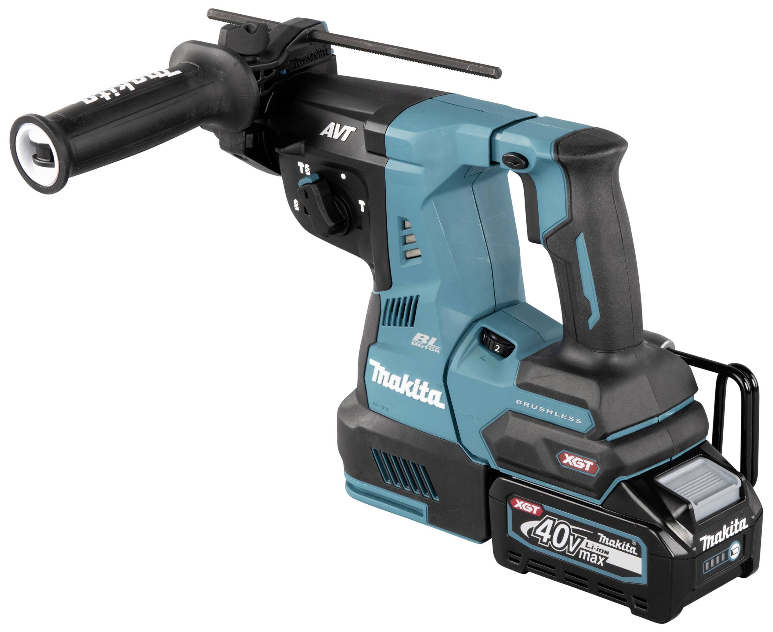 Kabelloser Bohrhammer der Marke Makita in Blau und Schwarz mit 40V-Maxx-Akku und AVT-Technologie, Griff oben und links montiert.