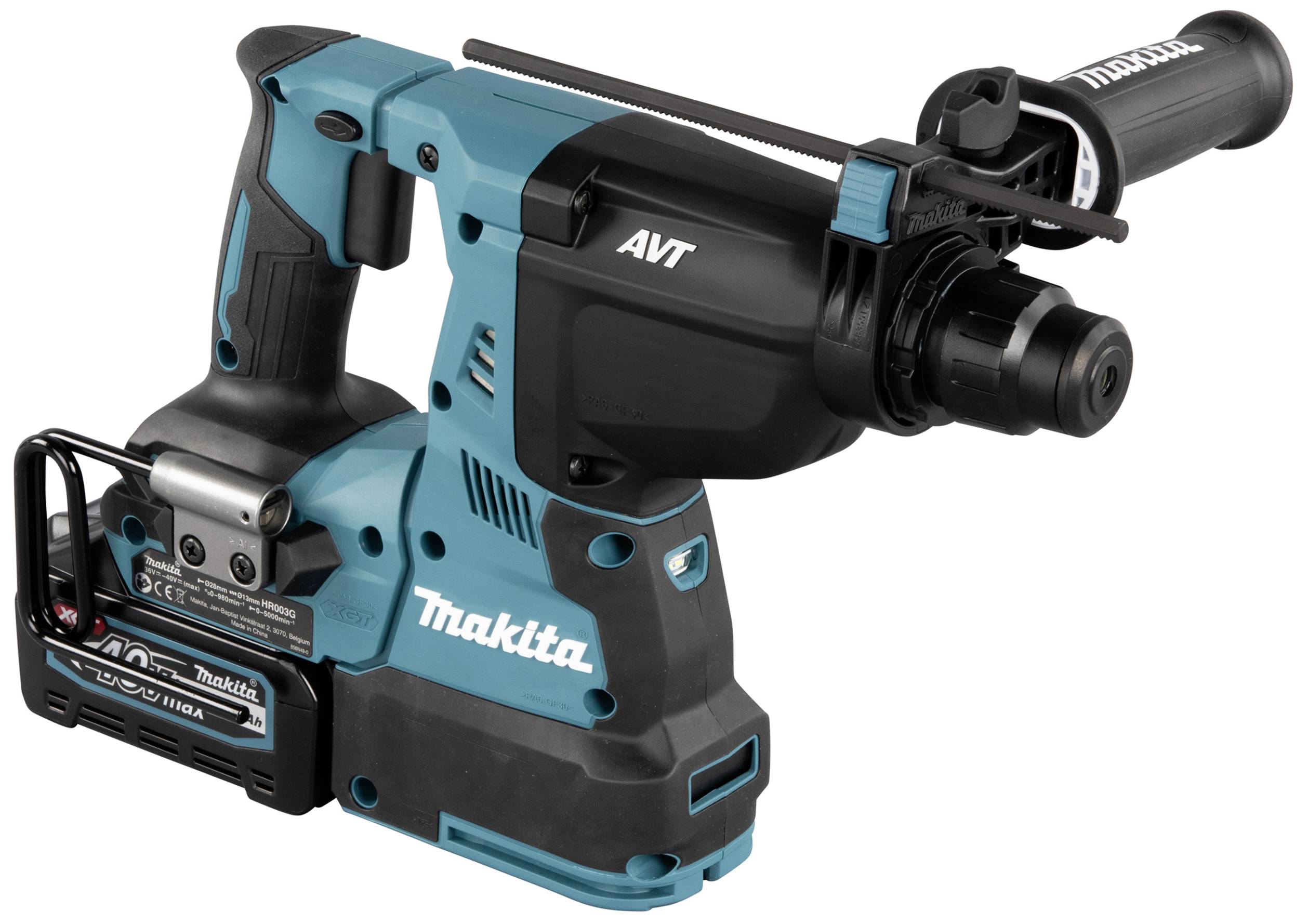 Eine blaue Elektrowerkzeugmaschine mit schwarzem Griff und Akkupack, möglicherweise ein Bohrhammer oder Schlagbohrer.