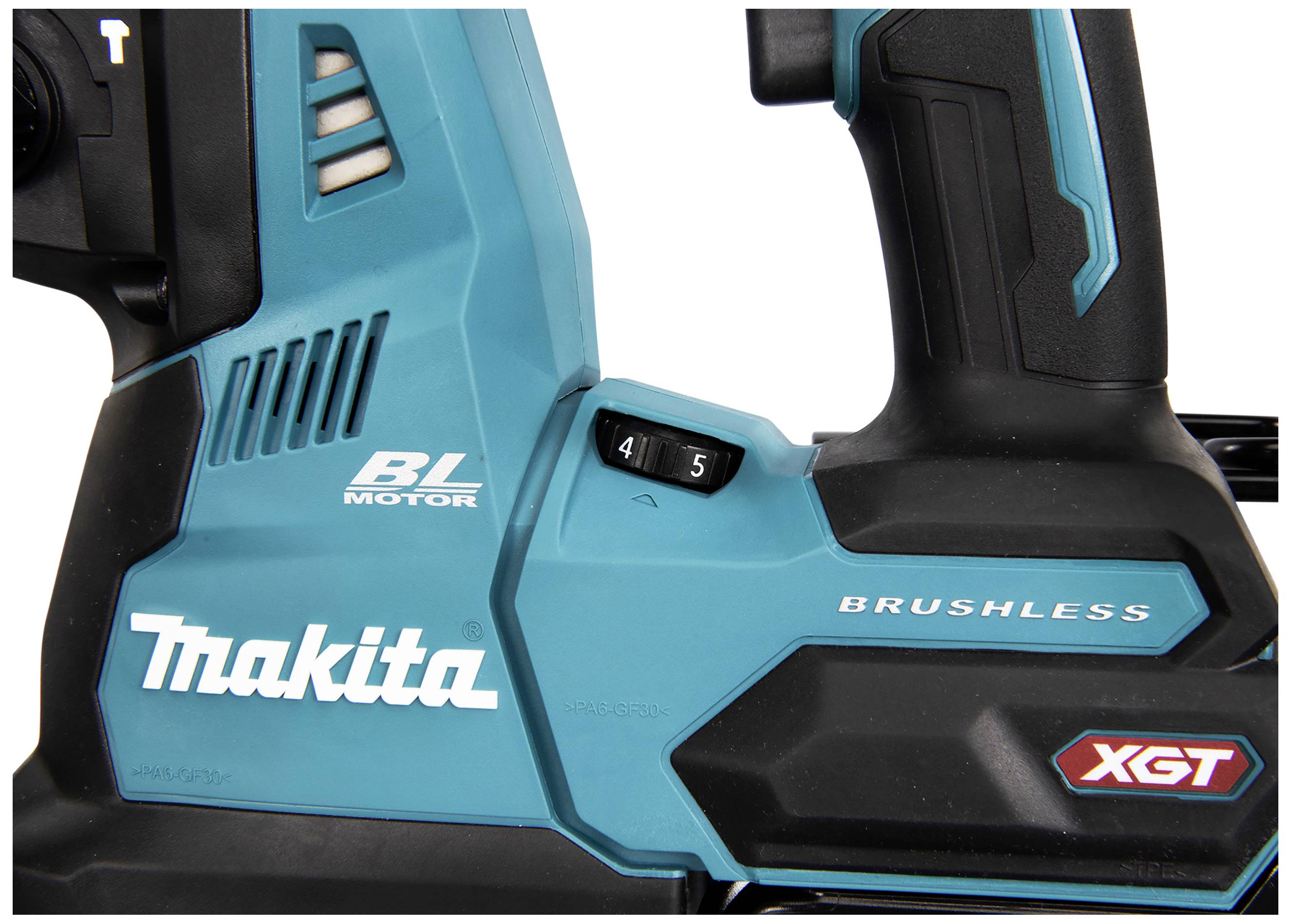 Ein Detailfoto eines Makita XGT Brushless Werkzeugs mit BL Motor, zeigt einen Geschwindigkeitsregler feinjustierbar zwischen 4 und 5.