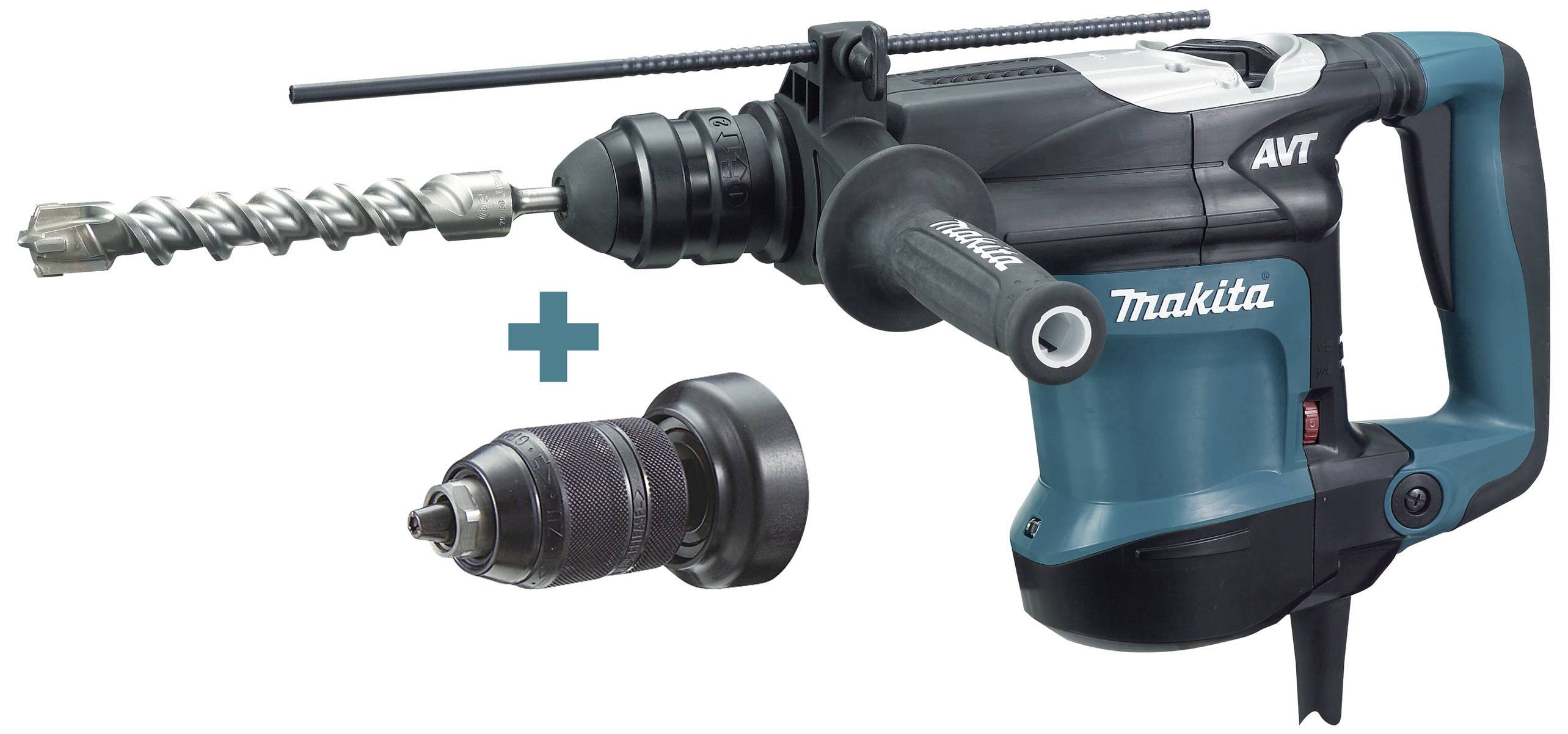 Blaue Makita-Bohrmaschine mit zusätzlichem Bohrfutter, geeignet für schwere Bohrarbeiten.