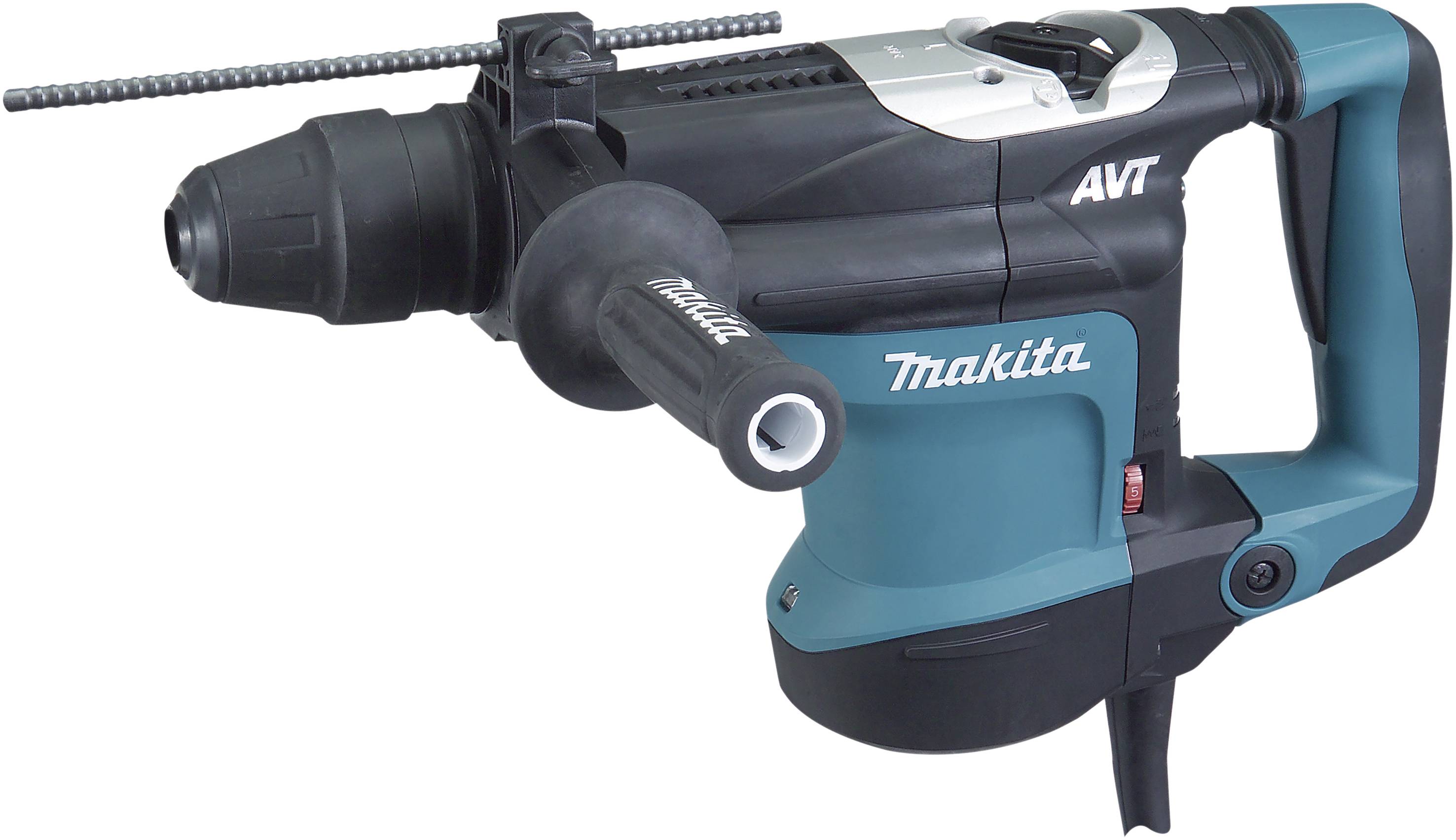 Bohrhammer der Marke Makita in Schwarz und Blau, mit Zusatzgriff links. Gerät zur Bearbeitung von Beton oder anderen Materialien.