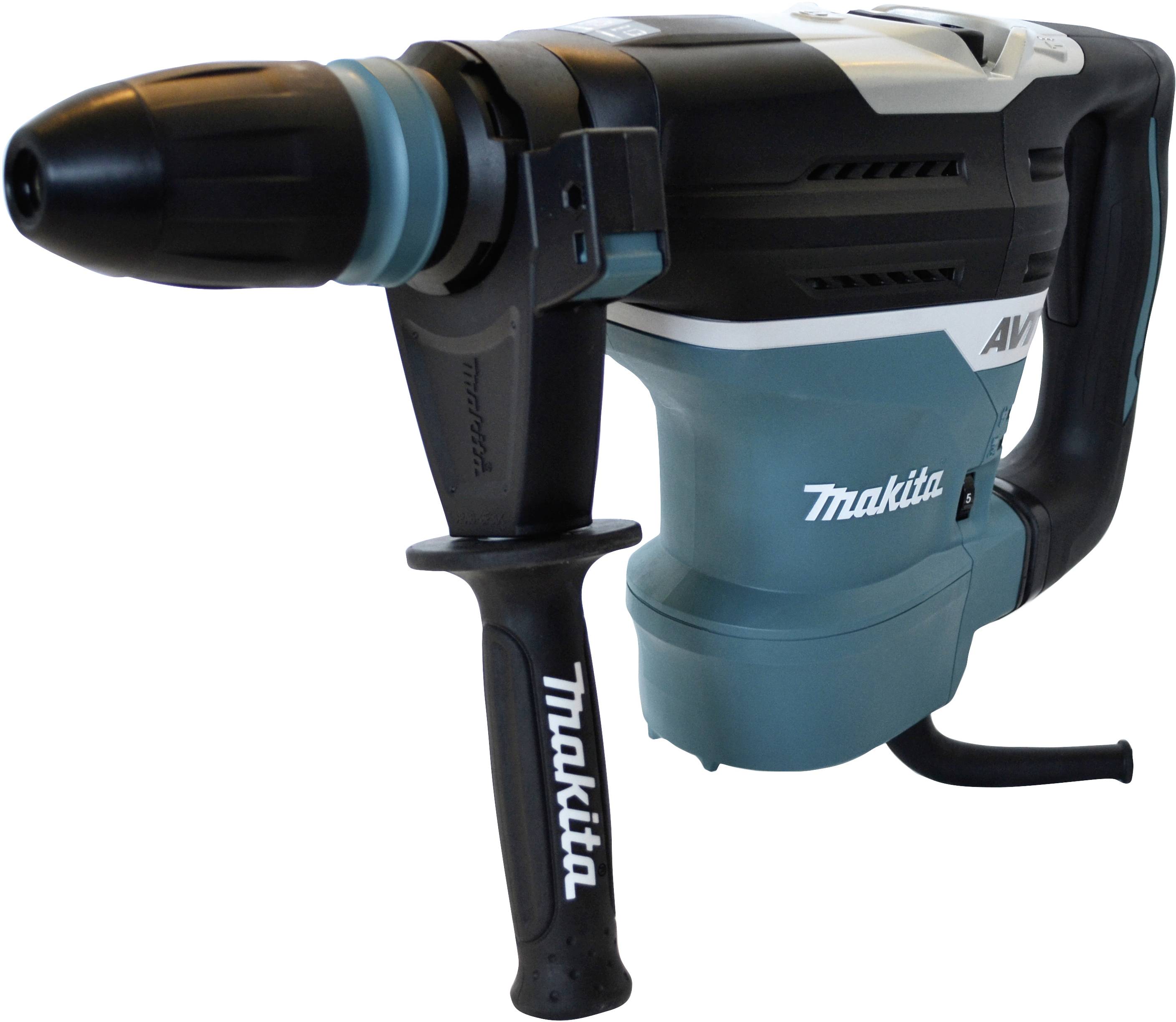 Ein blauer und schwarzer elektrischer Bohrhammer mit Griff. Markiert mit 'Makita'. Geeignet für Bauarbeiten oder Renovierungen.