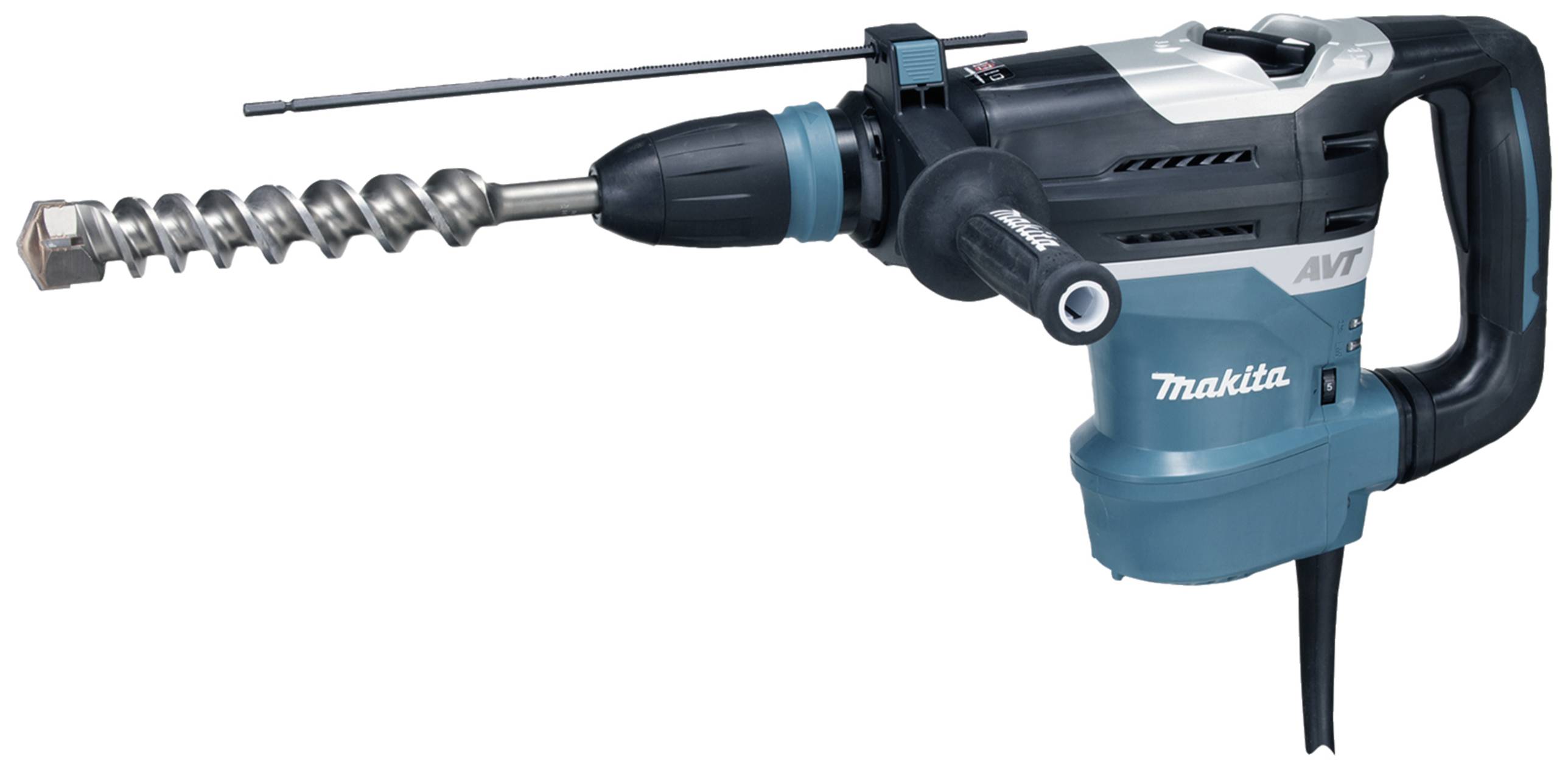 Ein blauer, elektrischer Bohrhammer mit grauem Bohrer und schwarzem Handgriff. Markenname auf der Seite sichtbar.