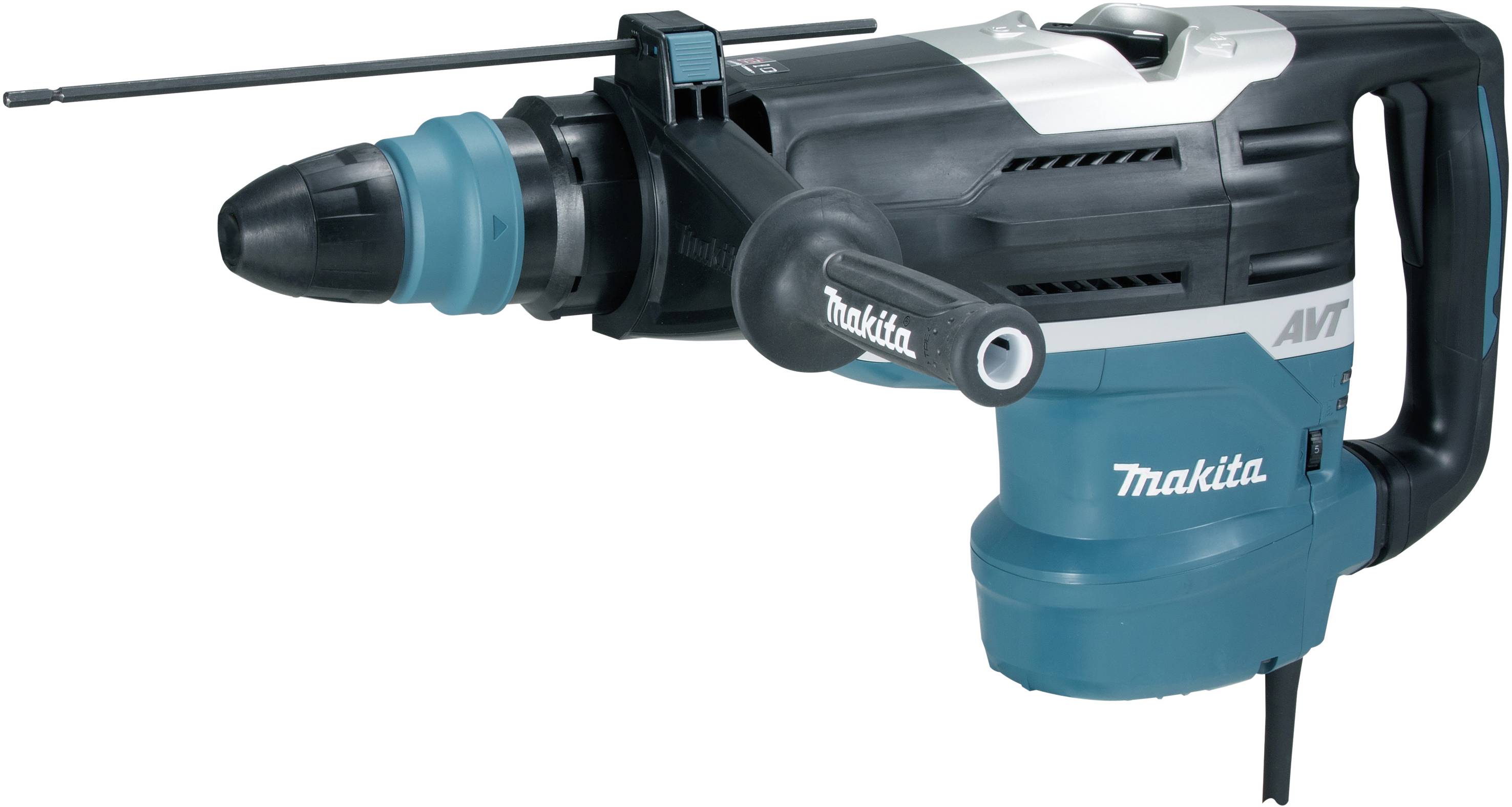 Ein blau-schwarzer Bohrhammer liegt quer. Er hat ein Griff und eine lange Bohrerspitze.