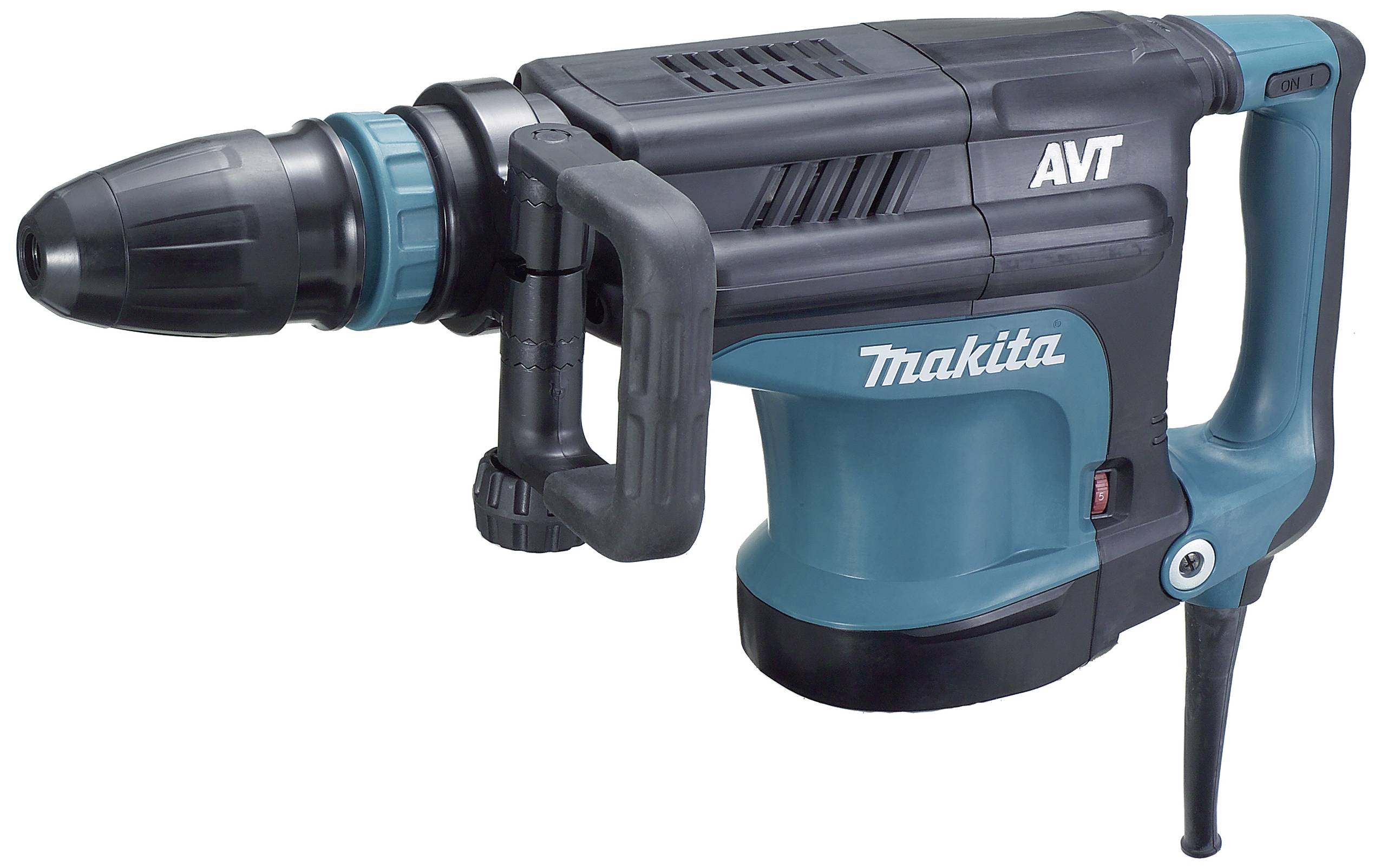 Ein Bohrhammer der Marke Makita in Blau und Schwarz, seitlich abgebildet.
